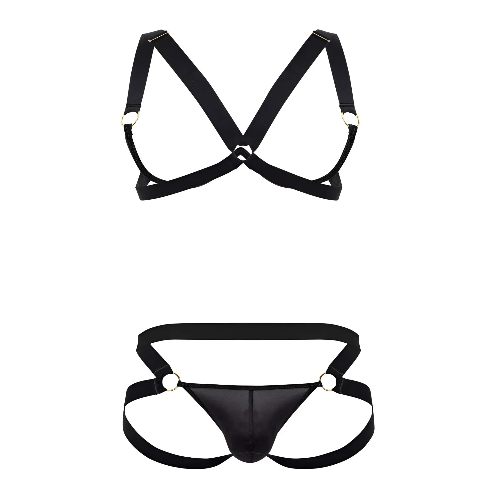 Black satin harness bra two piece set with metallic rings by candyman in black color