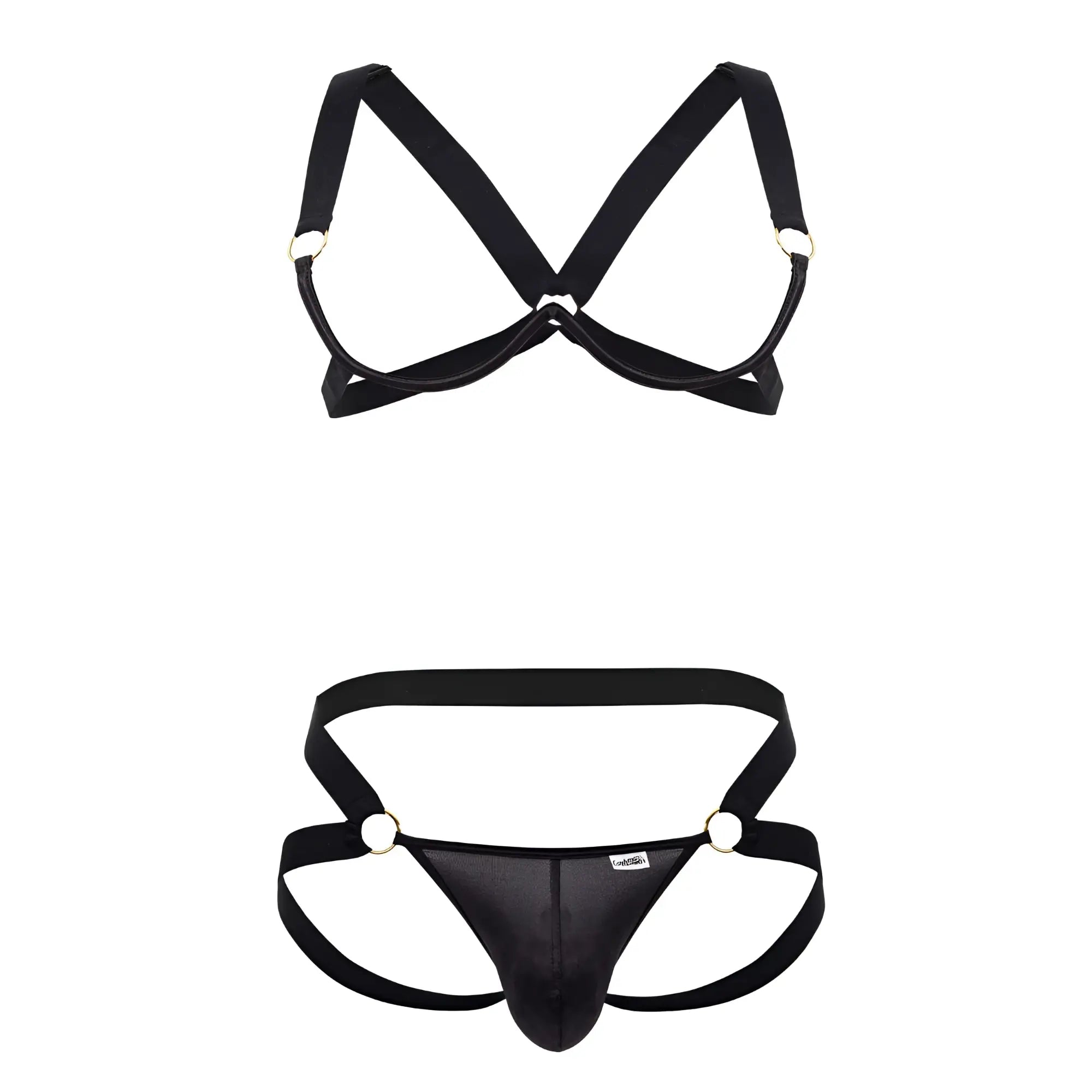 Black satin harness-style men’s underwear set with metallic rings and central panel candyman 99731 two piece set