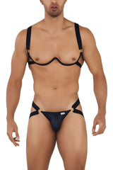 Black CandyMan 99731 harness-style briefs with gold metal rings and adjustable straps for a bold look