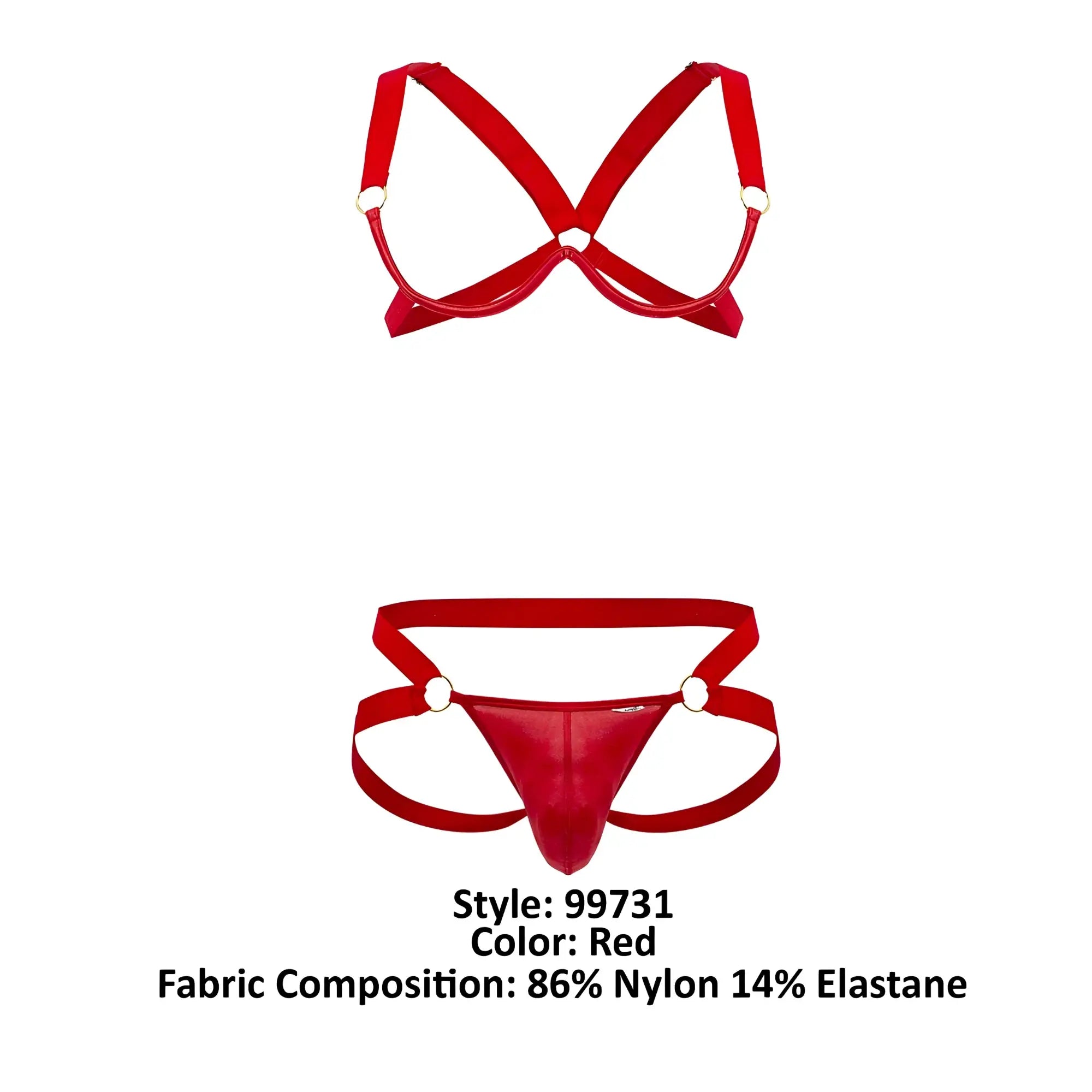 Red nylon and elastane CandyMan 99731 harness-bra two-piece set with shiny, form-fitting design