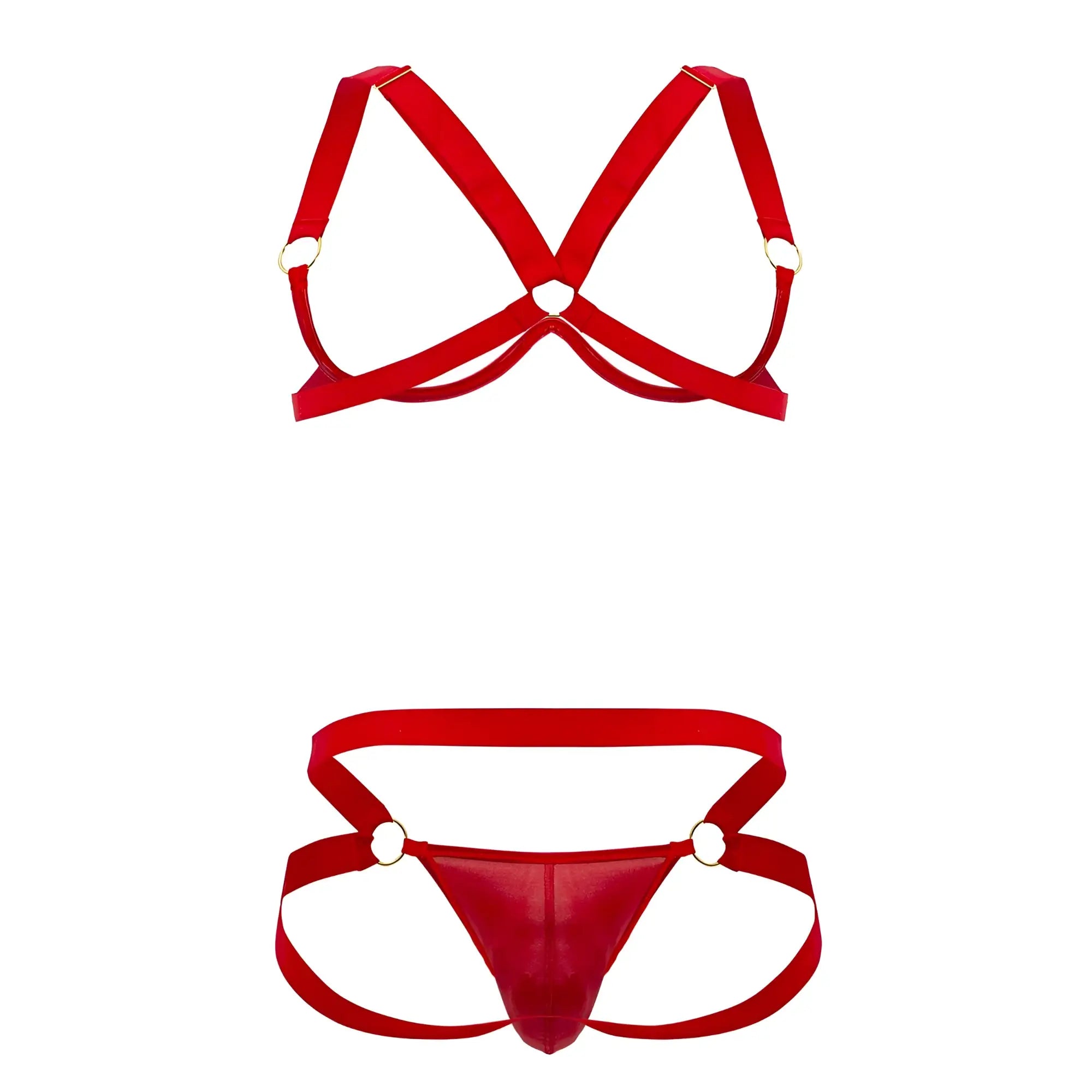 Red satin harness-bra two piece set by candyman featuring gold-toned metal rings and a strappy design