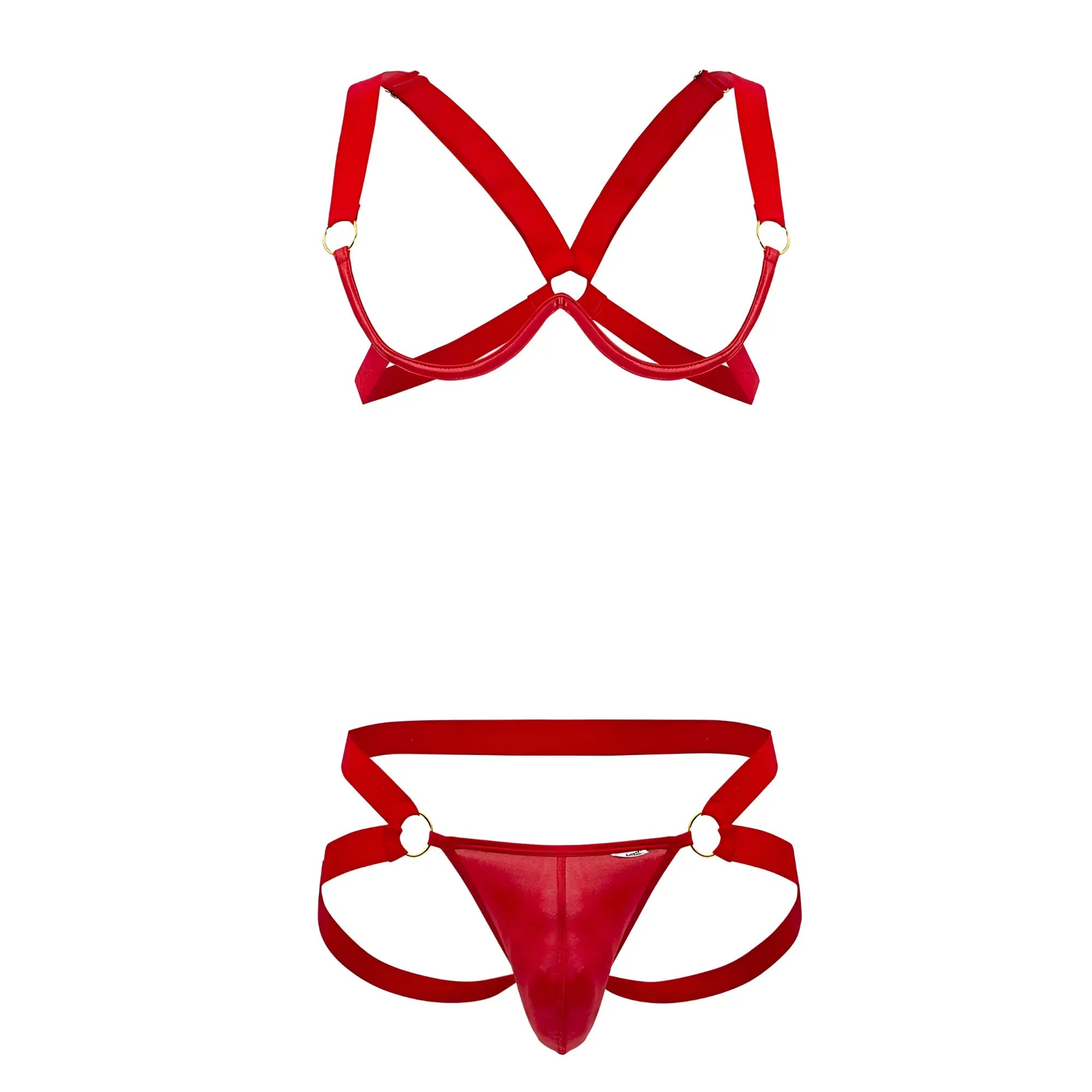 CandyMan 99731 red shiny latex harness-style lingerie set with metallic rings in a two-piece design