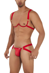 Red harness-style thong from candyman 99731 set with gold-toned metal rings and adjustable straps
