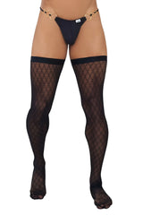 Black fishnet mesh thigh highs with a gold chain belt from candyman 99735 collection displayed on model