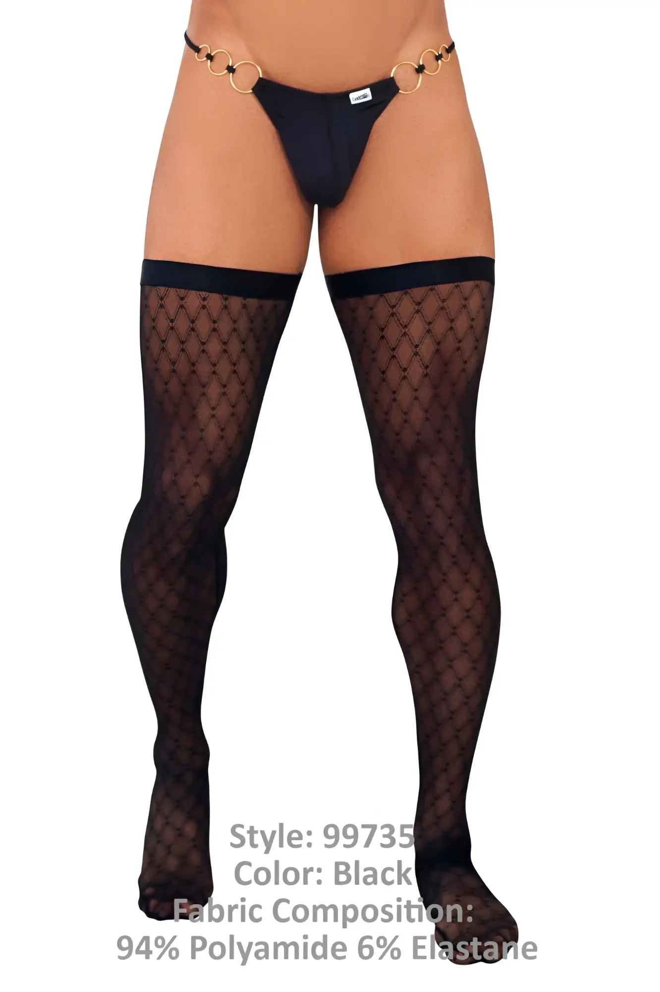 Black candyMan 99735 mesh thigh highs featuring fishnet material and a gold toned chain belt accessory