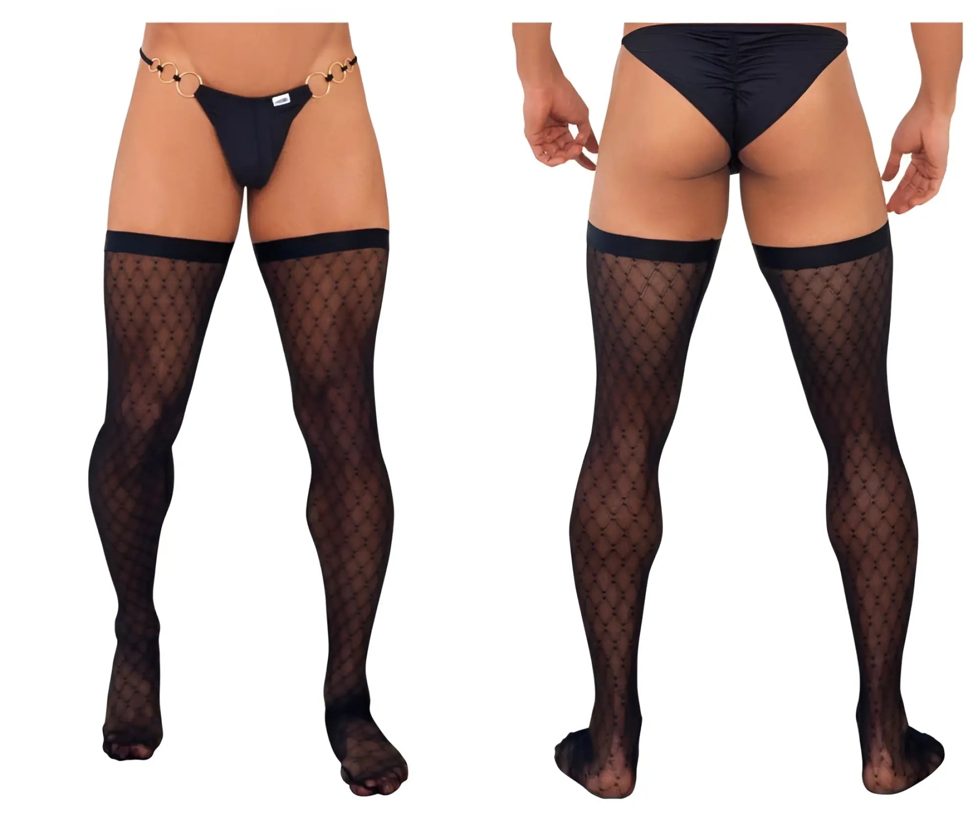 CandyMan 99735 mesh black fishnet thigh high stockings with gold toned ring belt for stylish legwear
