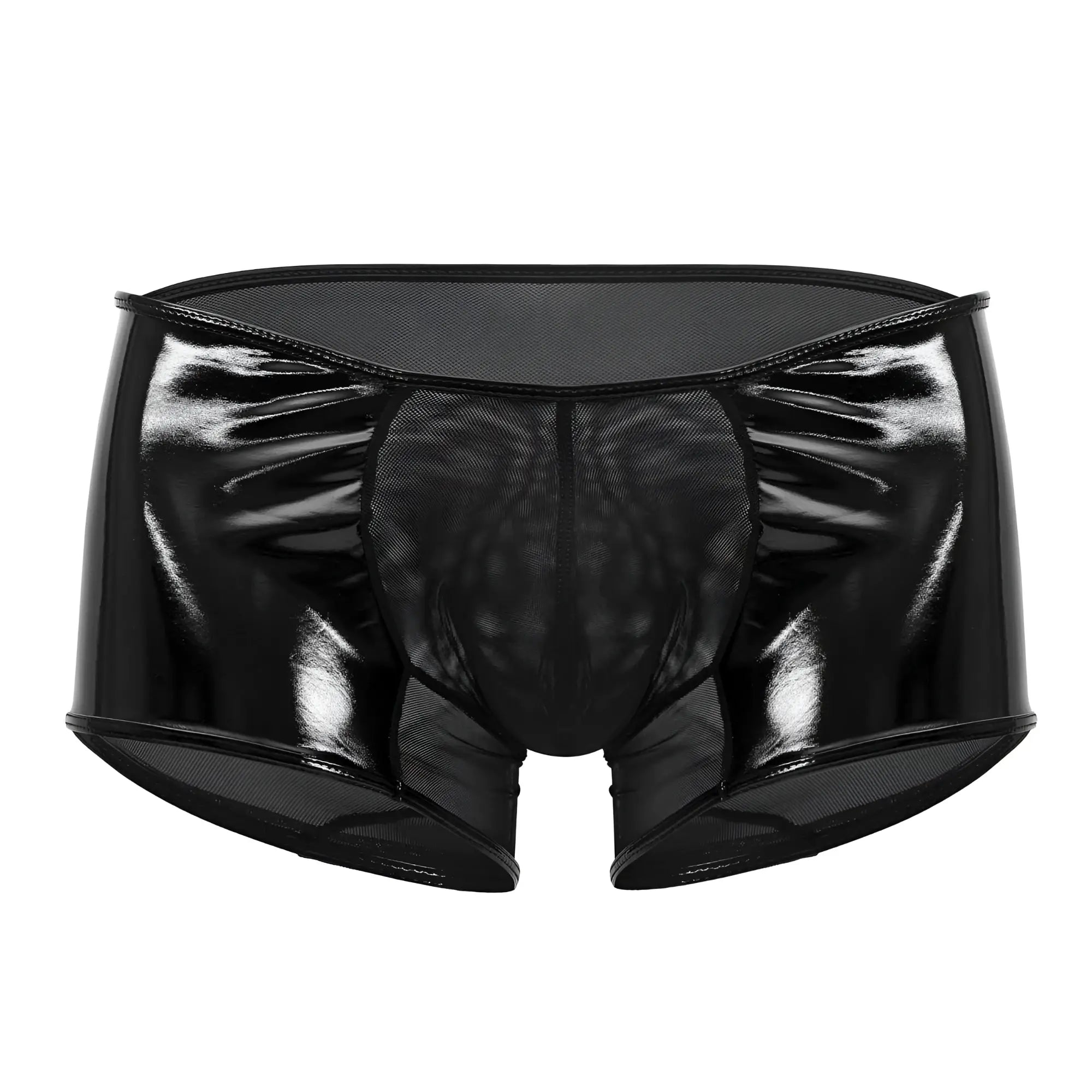 Black patent leather CandyMan 99737 mesh trunks with glossy reflective finish and breathable mesh panels