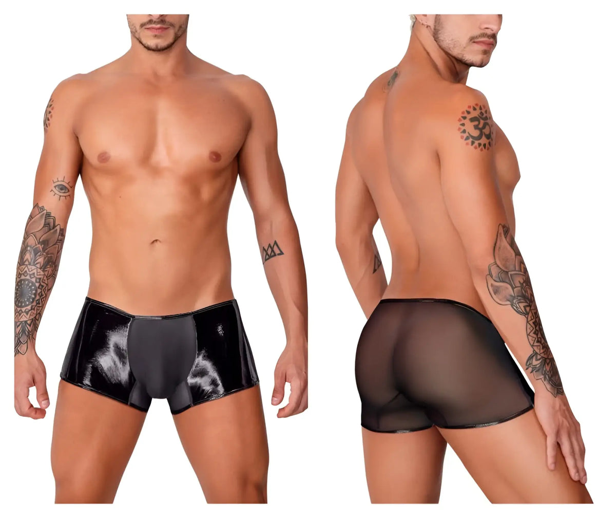 Black patent leather and sheer mesh briefs with glossy reflective finish candyMan 99737 mesh trunks color black