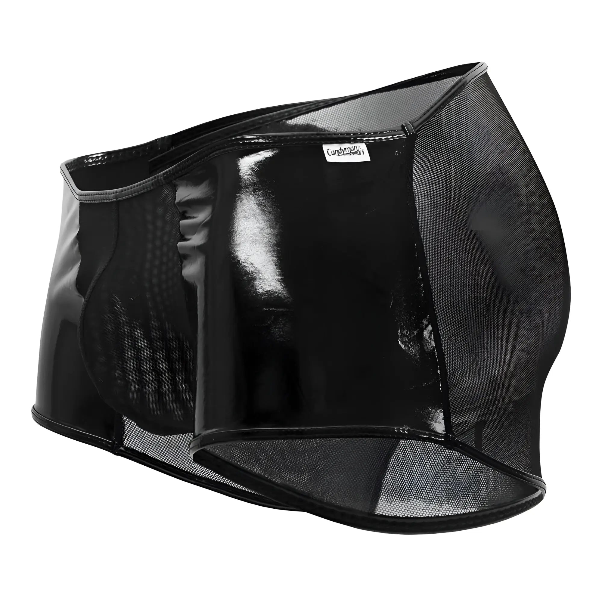 Black candyMan 99737 mesh trunks shorts with glossy patent leather and mesh panels