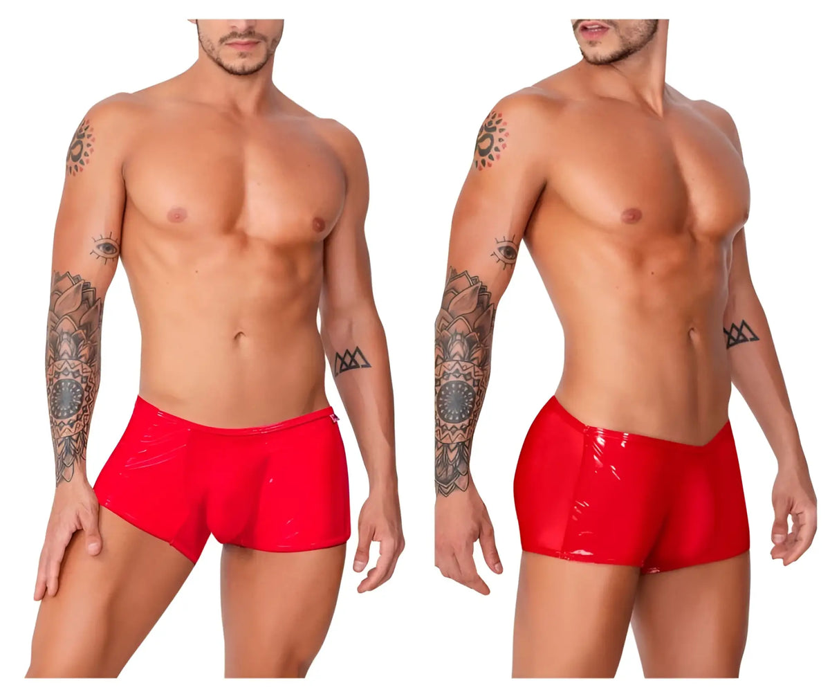 Red glossy latex swim trunks candyman 99737 mesh trunks with snug fit and high cut leg design in red