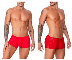 Red glossy latex swim trunks candyman 99737 mesh trunks with snug fit and high cut leg design in red