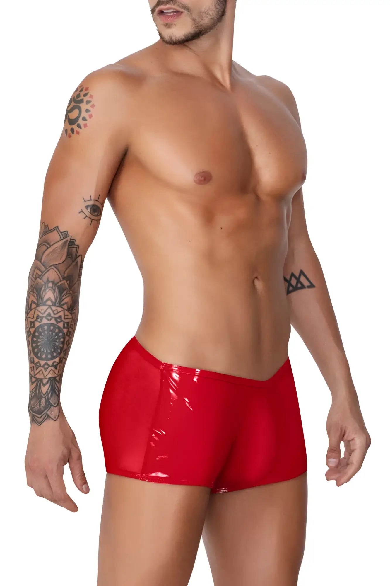 Red glossy latex swim trunks candyman 99737 mesh trunks in red shown from the front