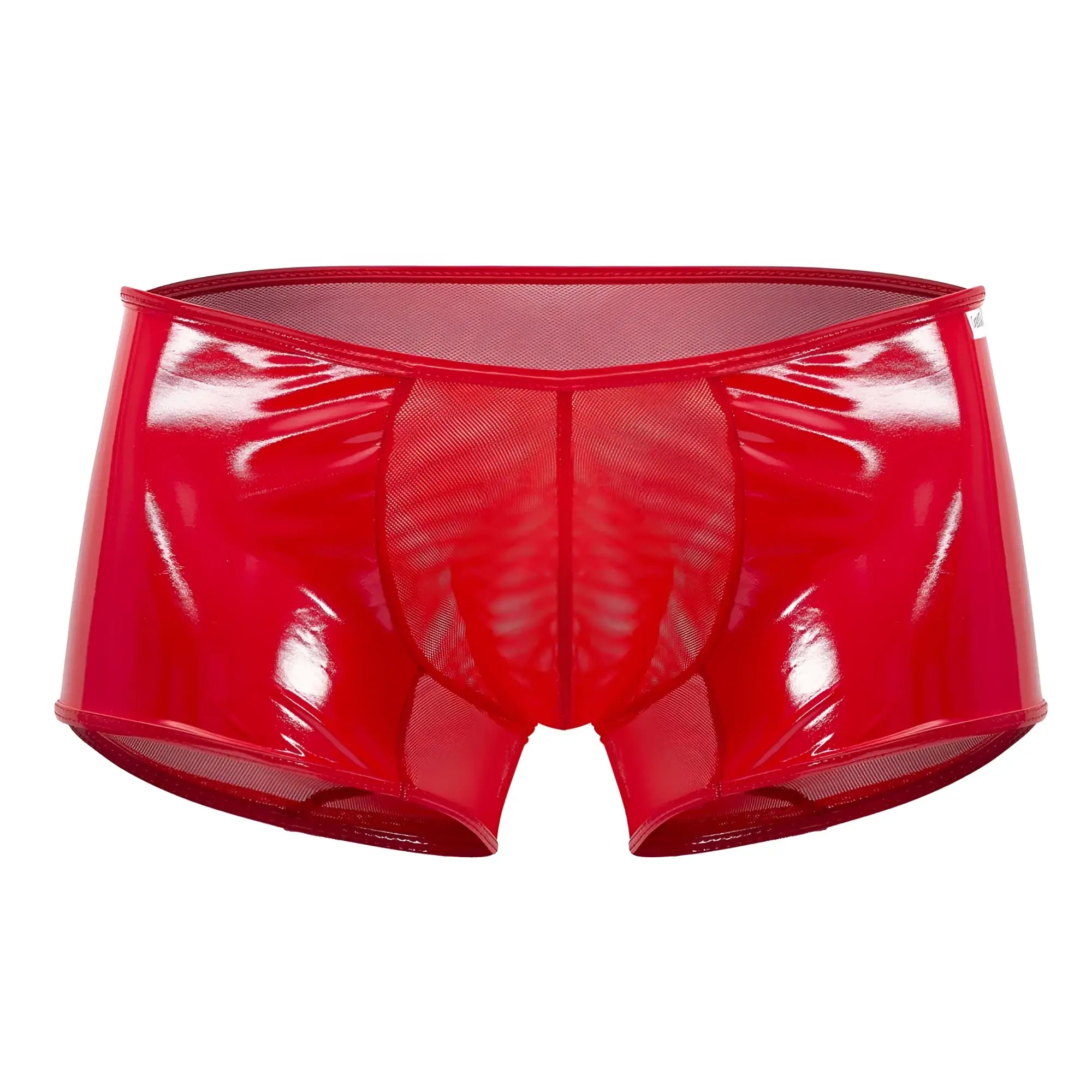 Red patent leather briefs with mesh panels from candyman 99737 mesh trunks in red shown from the front