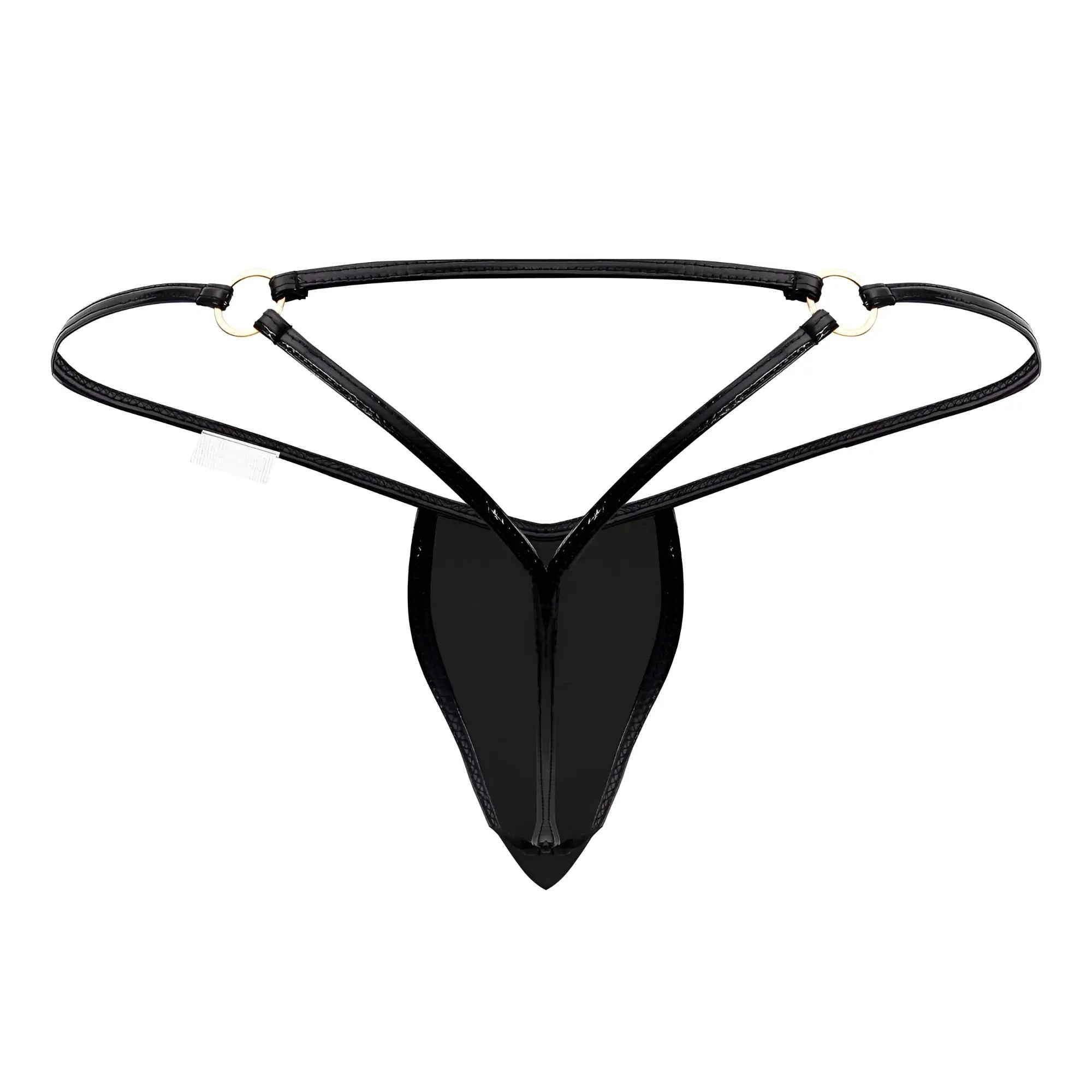 Black glossy latex thong CandyMan 99738 with thin straps and silver metal rings shown from the back side