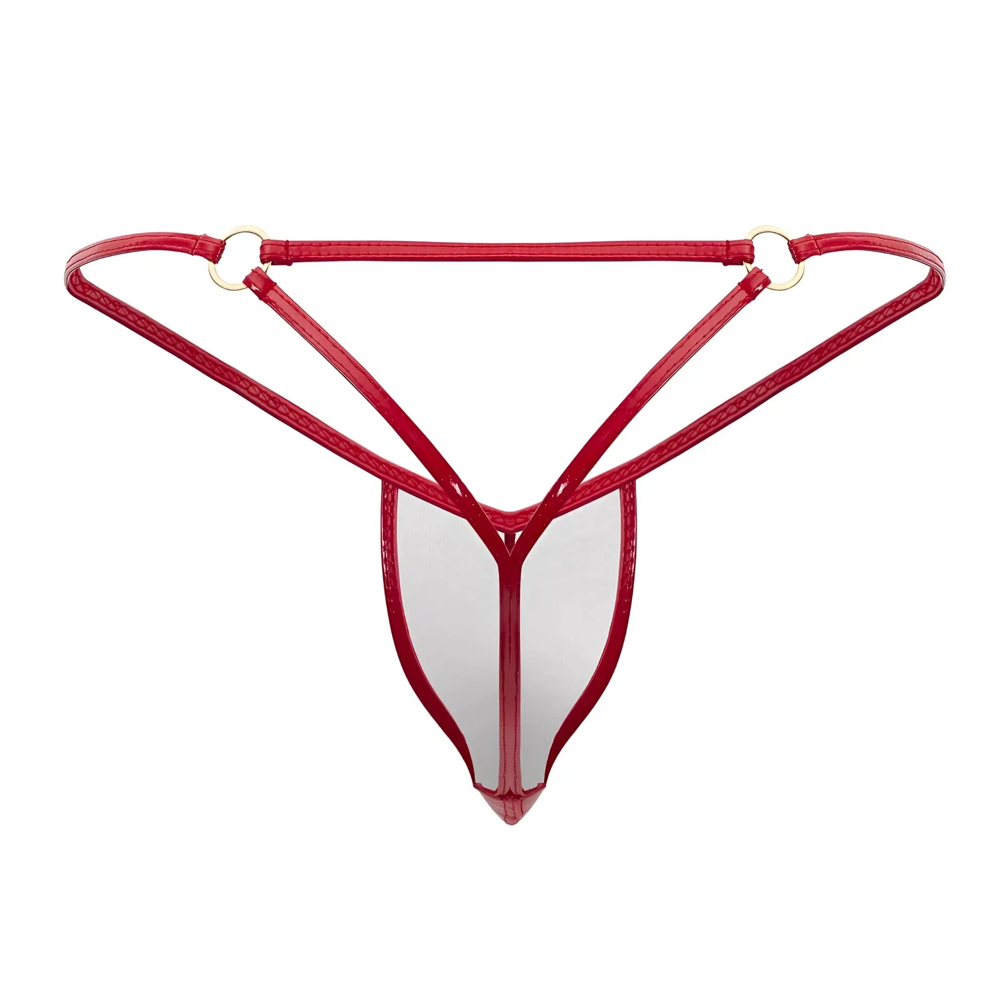 Red glossy latex thong candyMan 99738 with transparent center panel and gold metal rings at waistband