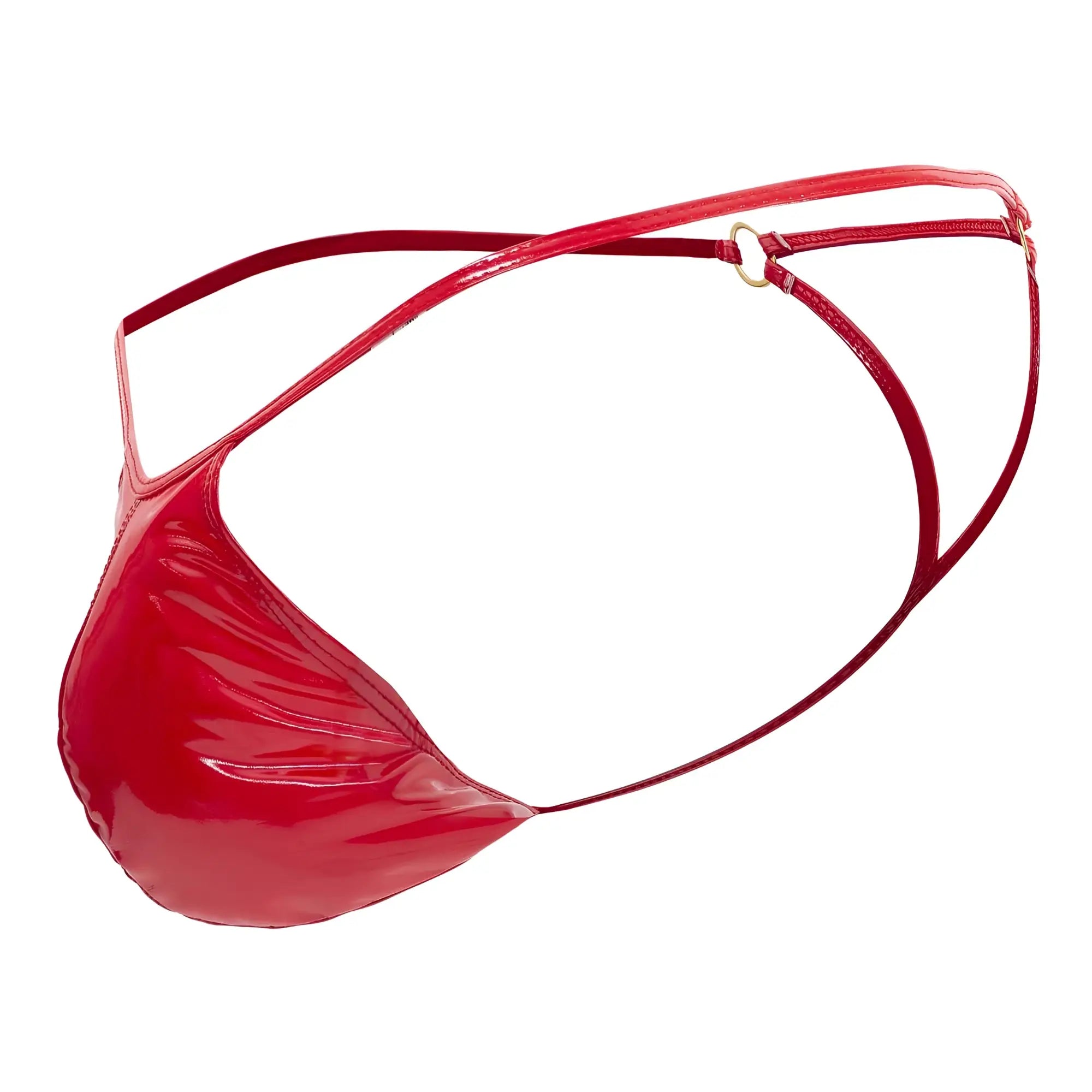 CandyMan 99738 gloss red g-string in red patent leather with thin glossy straps and a gold-toned metal ring