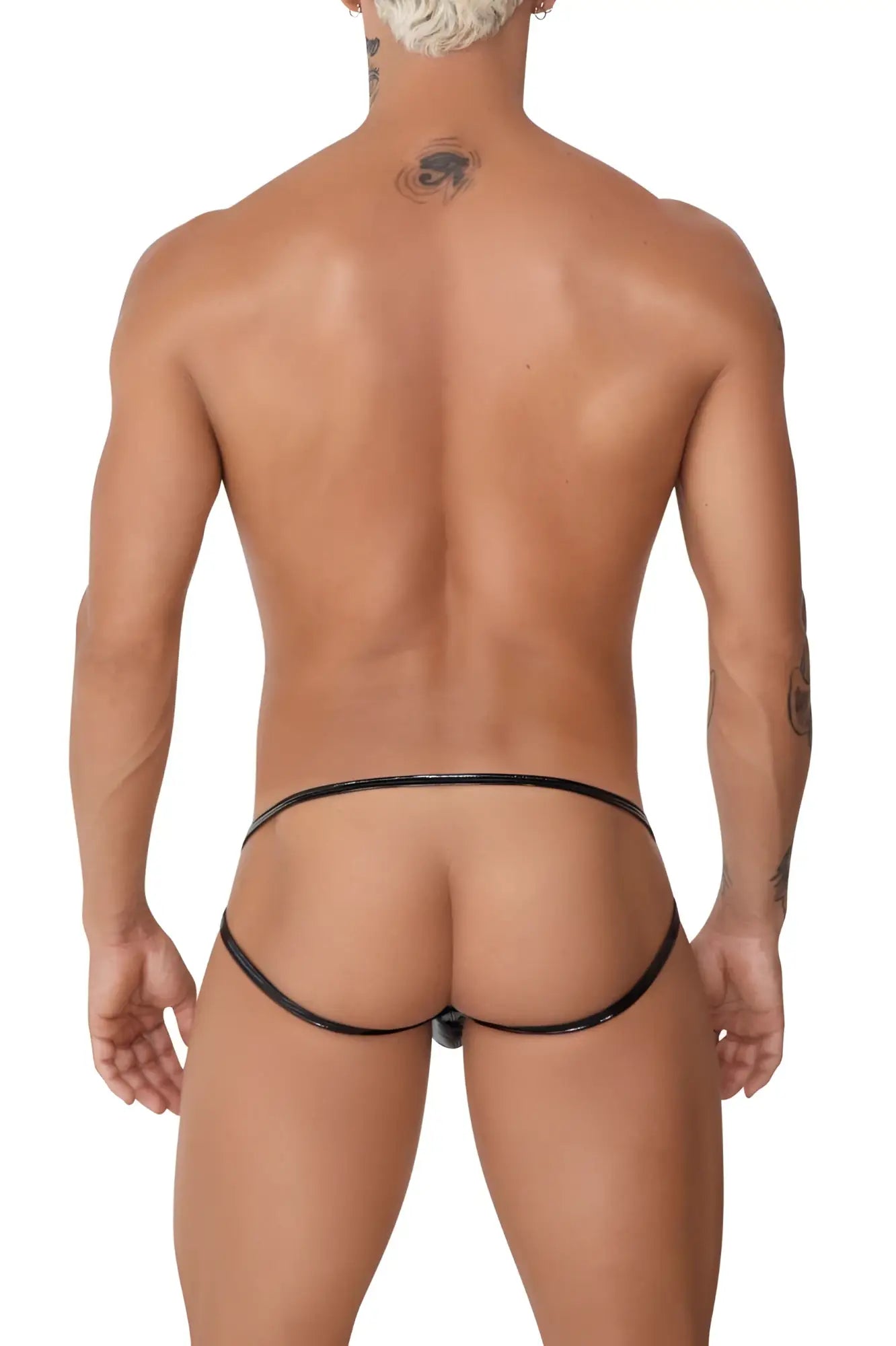 Black latex thong with a small central clasp from candyman 99741 gloss jockstrap collection in black color
