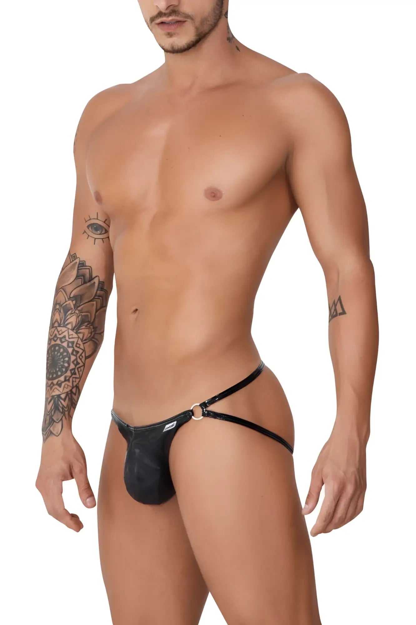 Black leather thong jockstrap with metallic ring detail by CandyMan 99741 gloss in black shown from the back side