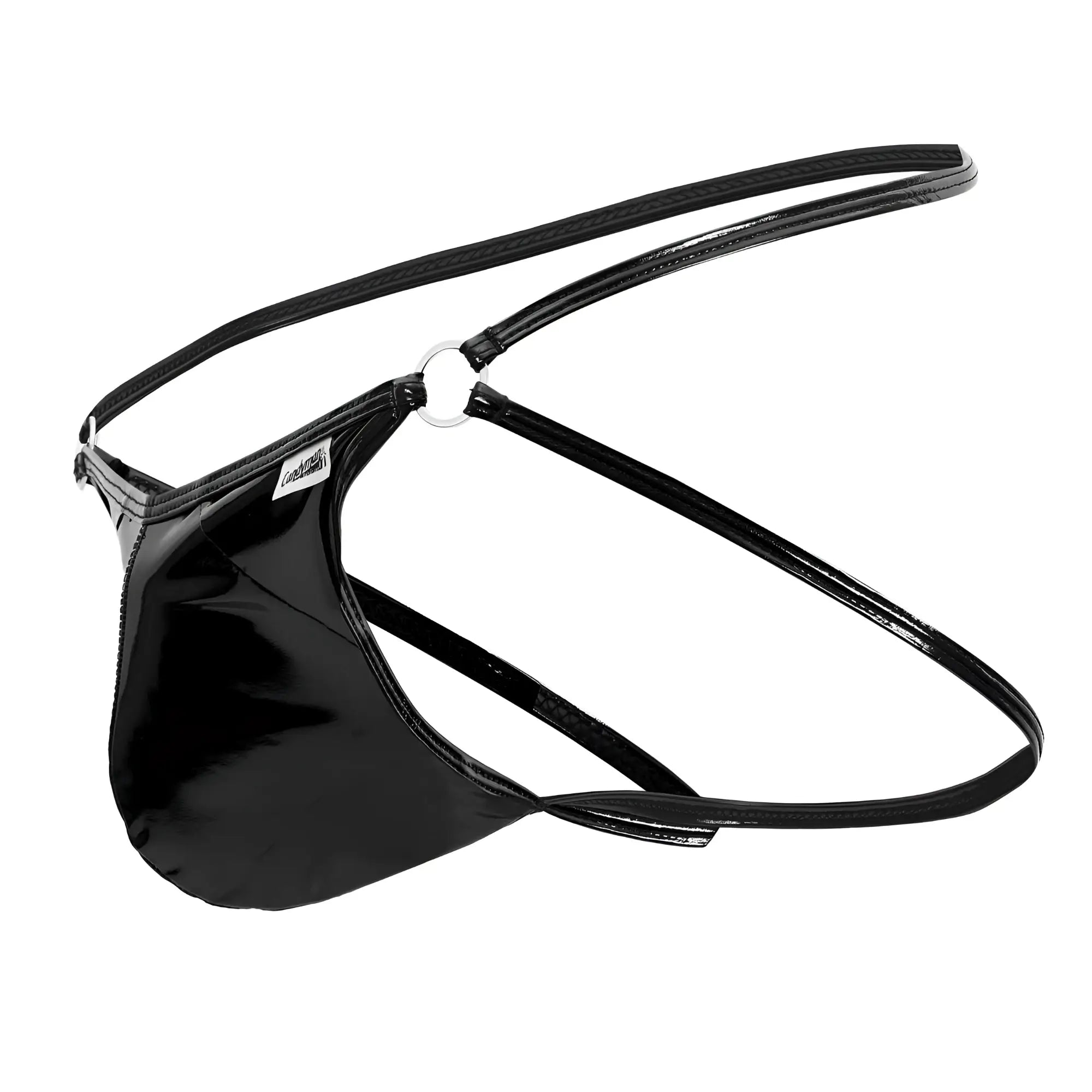 CandyMan 99741 gloss black thong made of patent leather with adjustable straps and a silver metal ring