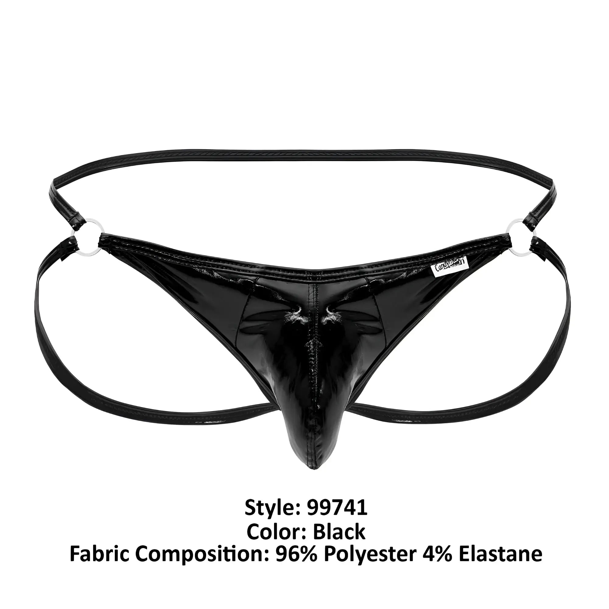 Black patent leather thong candyMan 99741 gloss jockstrap with white plastic rings on hip straps back view