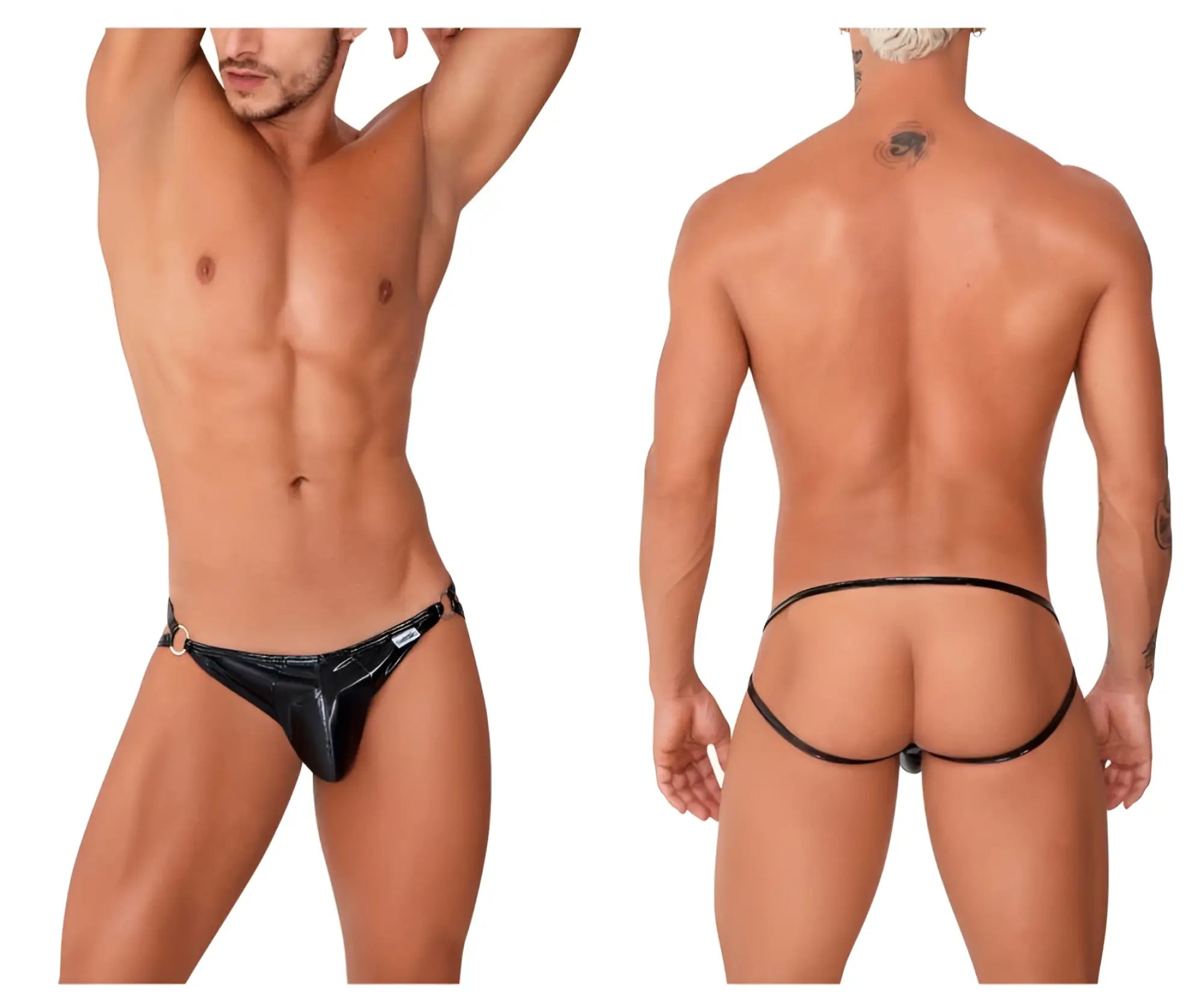 Black patent leather thong with gold-tone hardware and small brand tag on the side candyMan 99741 gloss jockstrap