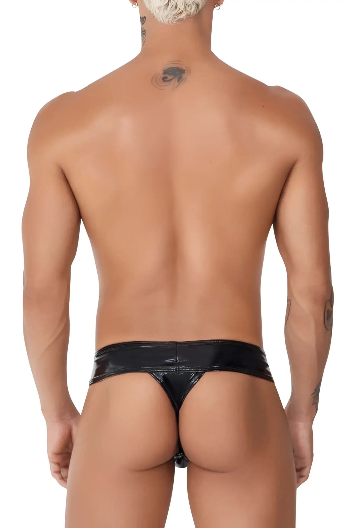 Black patent leather thong candy man 99742 gloss thong with sleek glossy finish and narrow waistband front view