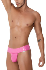 Bright pink glossy latex candyMan 99742 jockstrap with snug fit and small brand tag on waistband