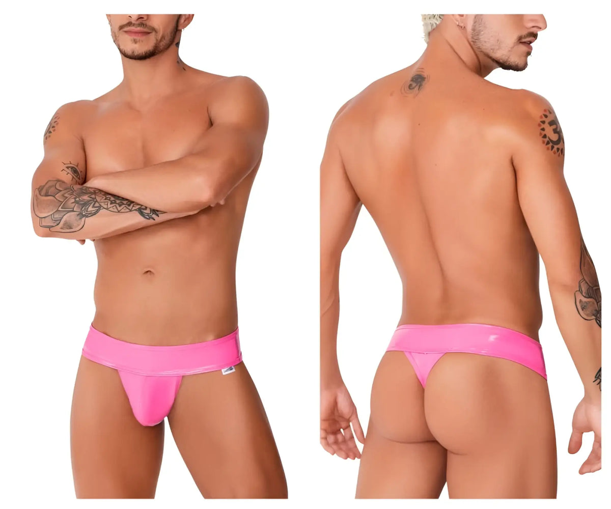 Bright pink glossy latex thong with wide waistband candyMan 99742 gloss thong product image