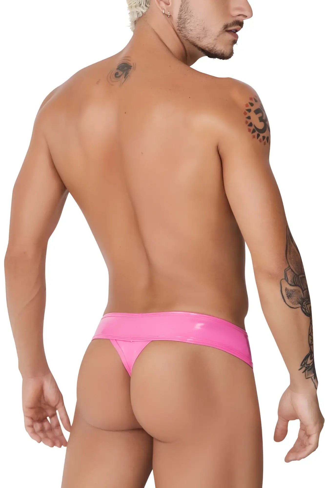 Bright pink glossy latex thong from CandyMan 99742 featuring a sleek and shiny finish for bold wear