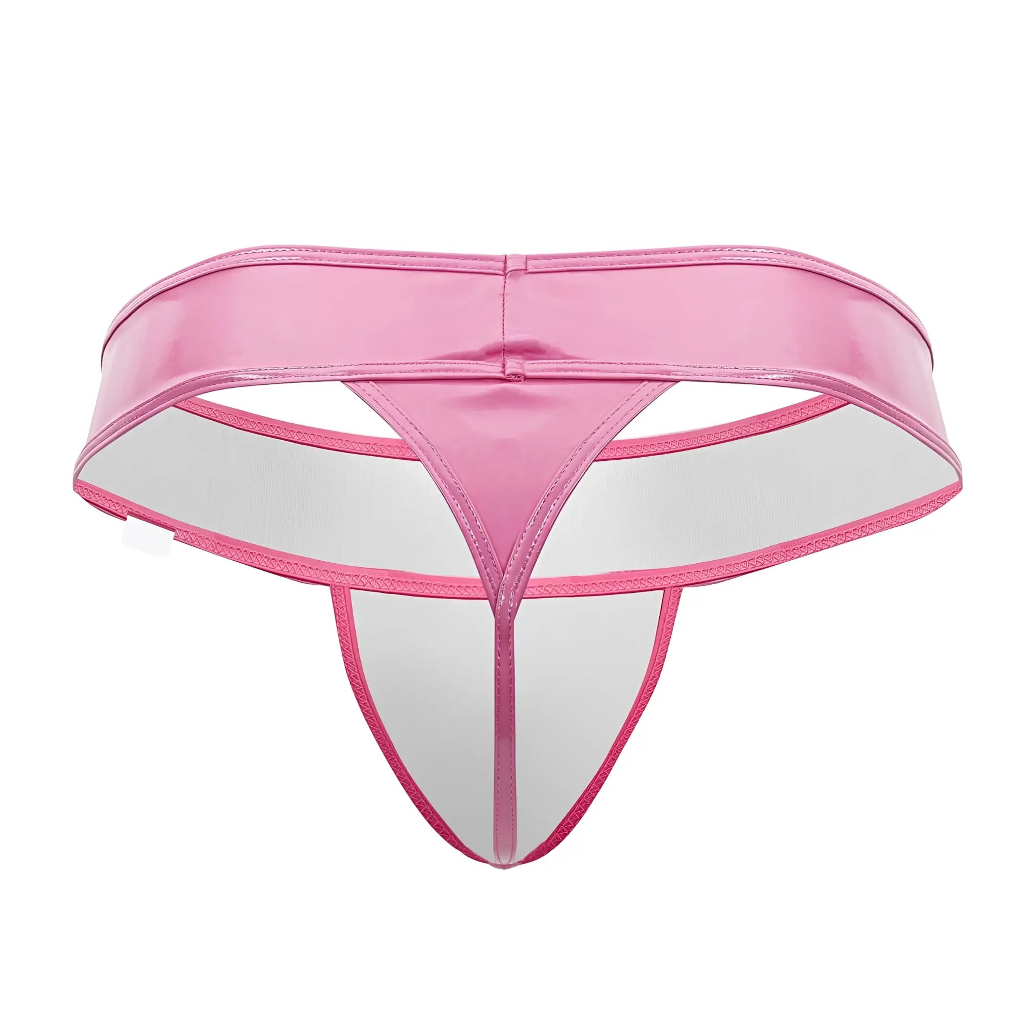 Pink shiny latex thong with transparent white interior and pink stitching from Candyman 99742 gloss thongs collection