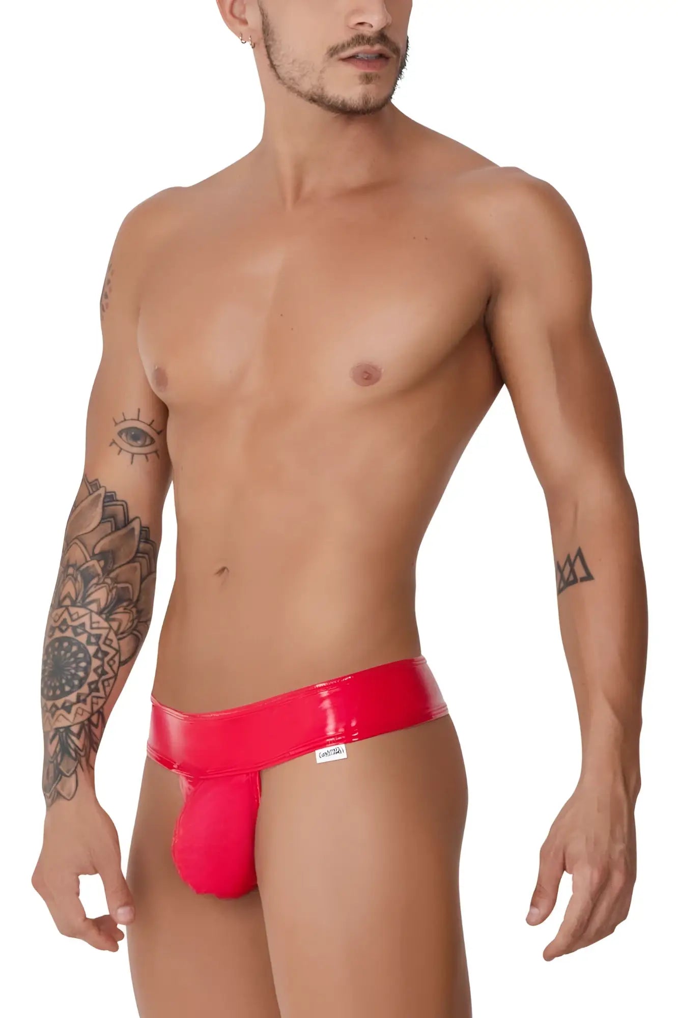 Red patent leather CandyMan 99742 gloss thongs with a sleek glossy finish and white brand tag on the waistband