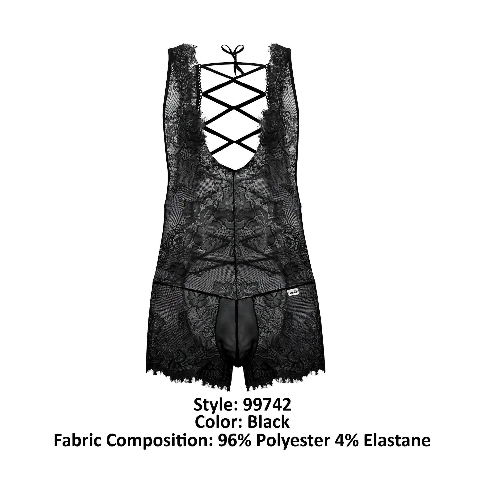 Black lace bodysuit candyMan 99743 with crisscross back design and sheer floral-patterned fabric shown from the back