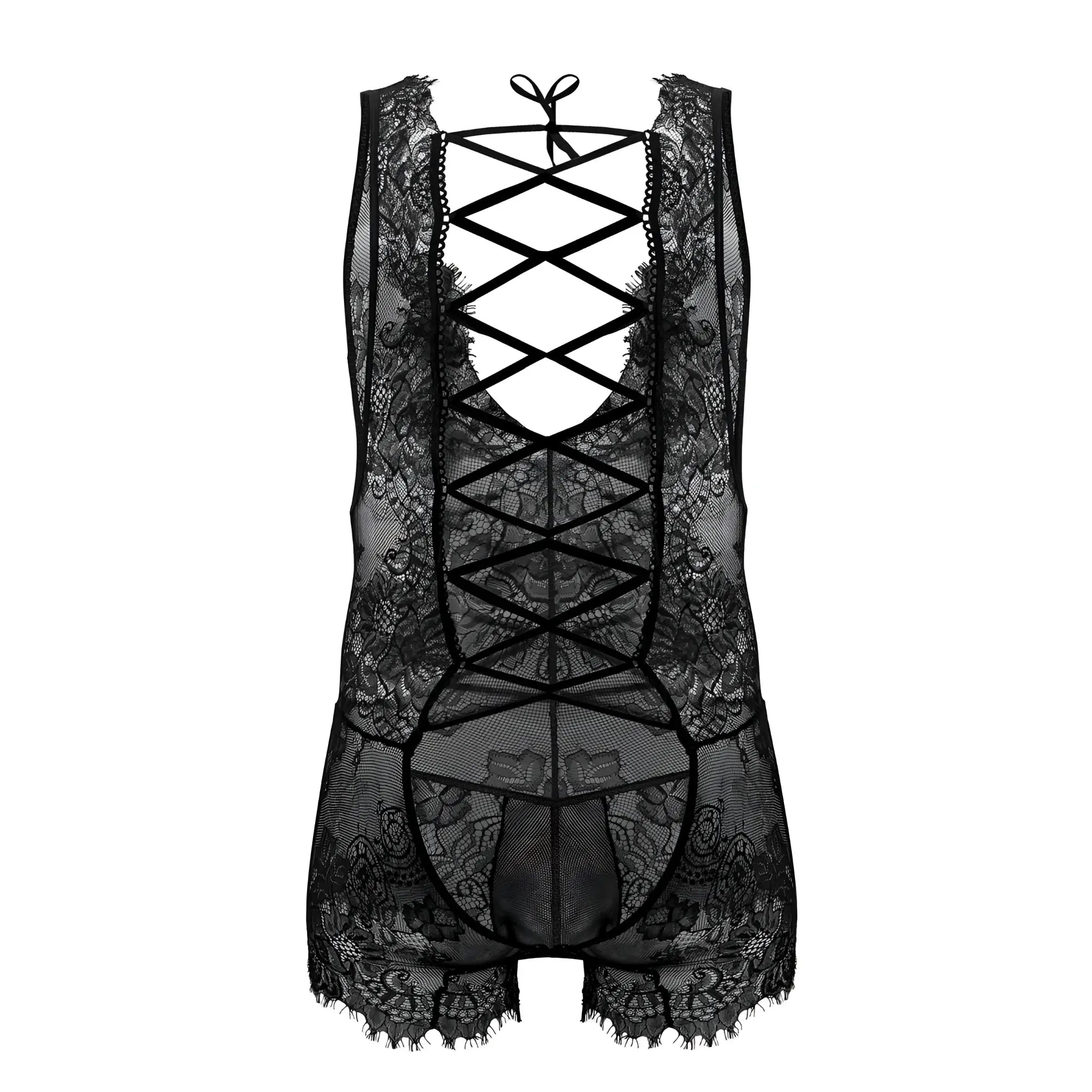 Black lace candyMan 99743 bodysuit with intricate floral patterns and crisscross back tie design shown from back