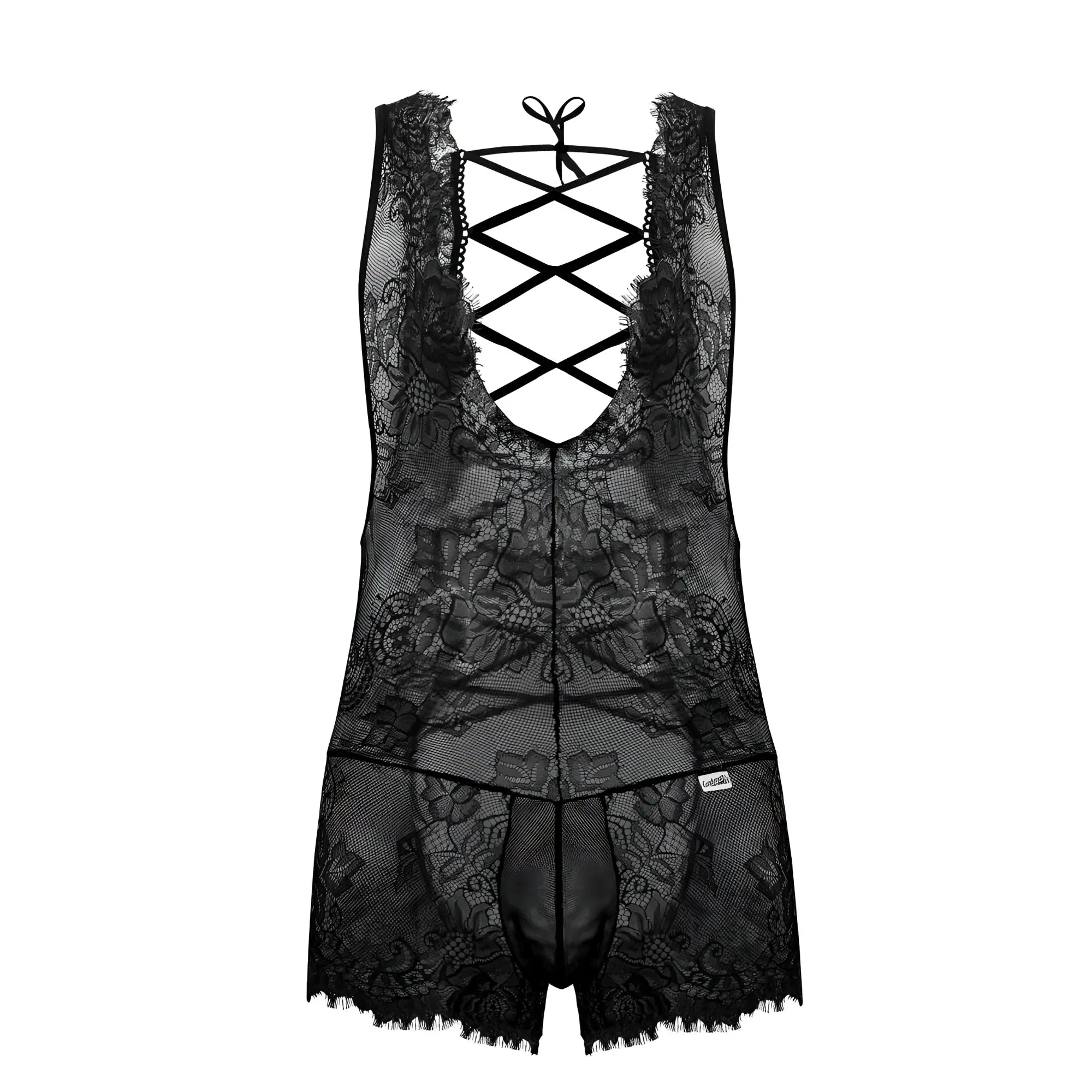 Black candyMan 99743 lace bodysuit with intricate floral patterns and crisscross back tie detail shown from back
