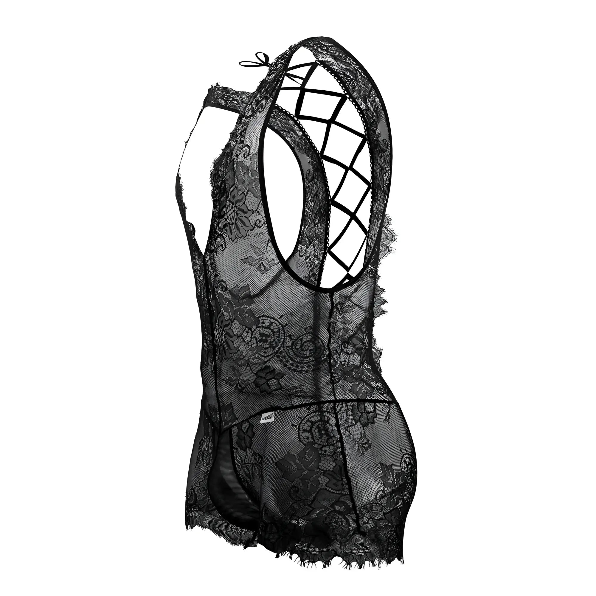 Black lace bodysuit candyMan 99743 with intricate floral patterns and crisscross back design in black
