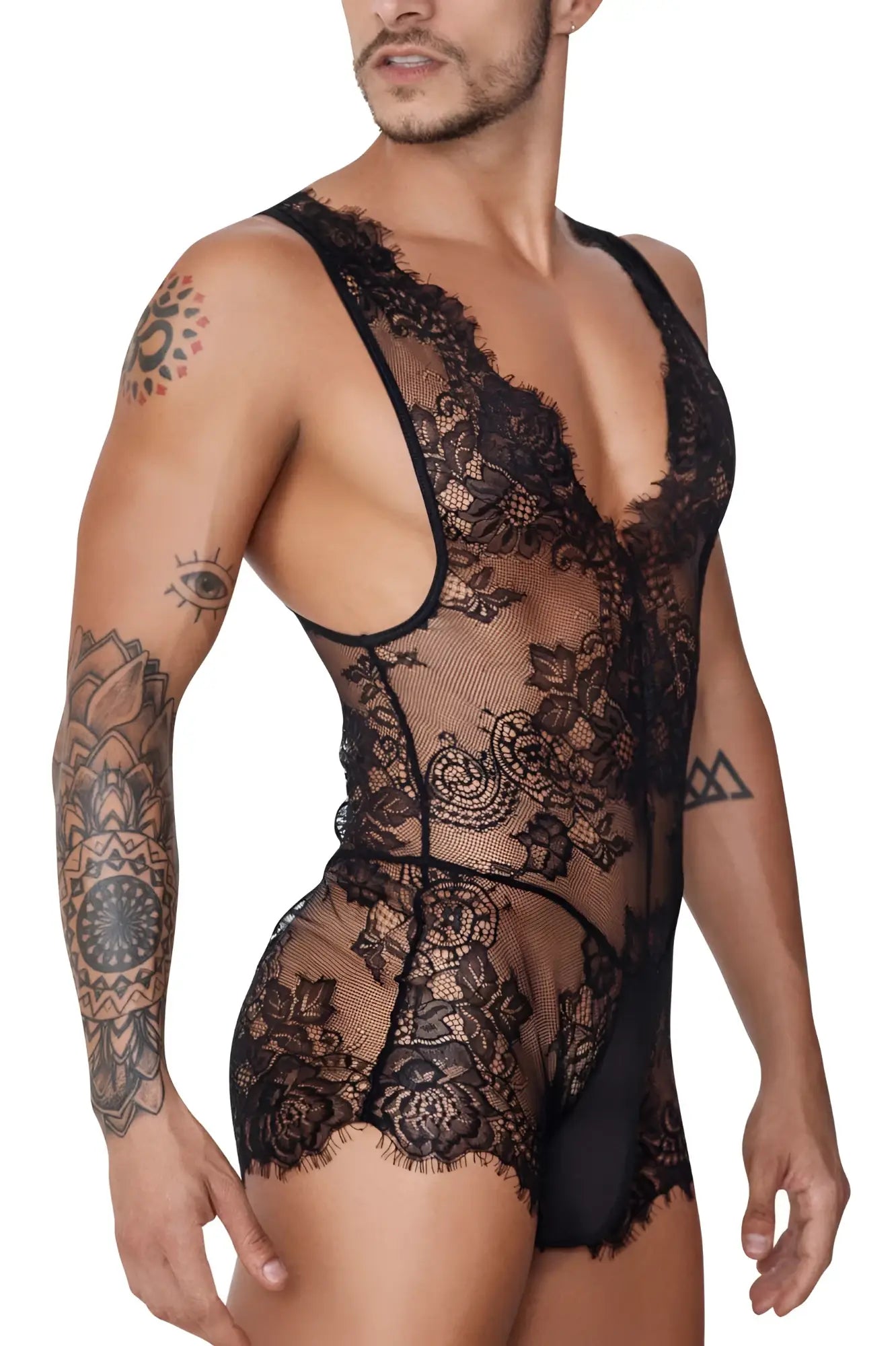 Black lace candyMan 99743 bodysuit with intricate floral patterns and sheer mesh panels for elegant wear