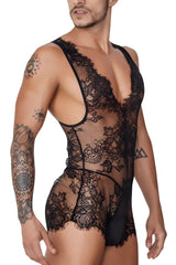 Black lace candyMan 99743 bodysuit with intricate floral patterns and sheer mesh panels for elegant wear