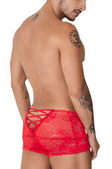 Red lace briefs with a crisscross back design in a candyMan 99745 lace trunks color red showing the back side