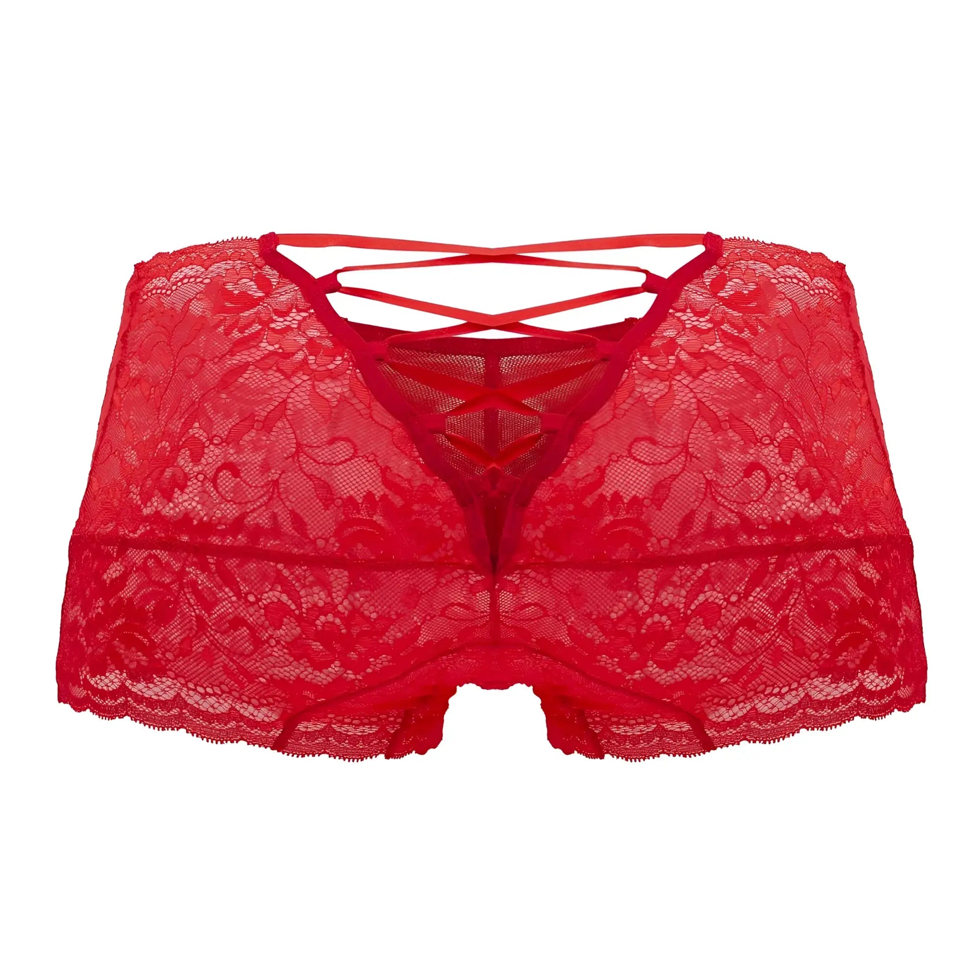Back view of candyman 99745 red lace trunks featuring a crisscross design and intricate lace material