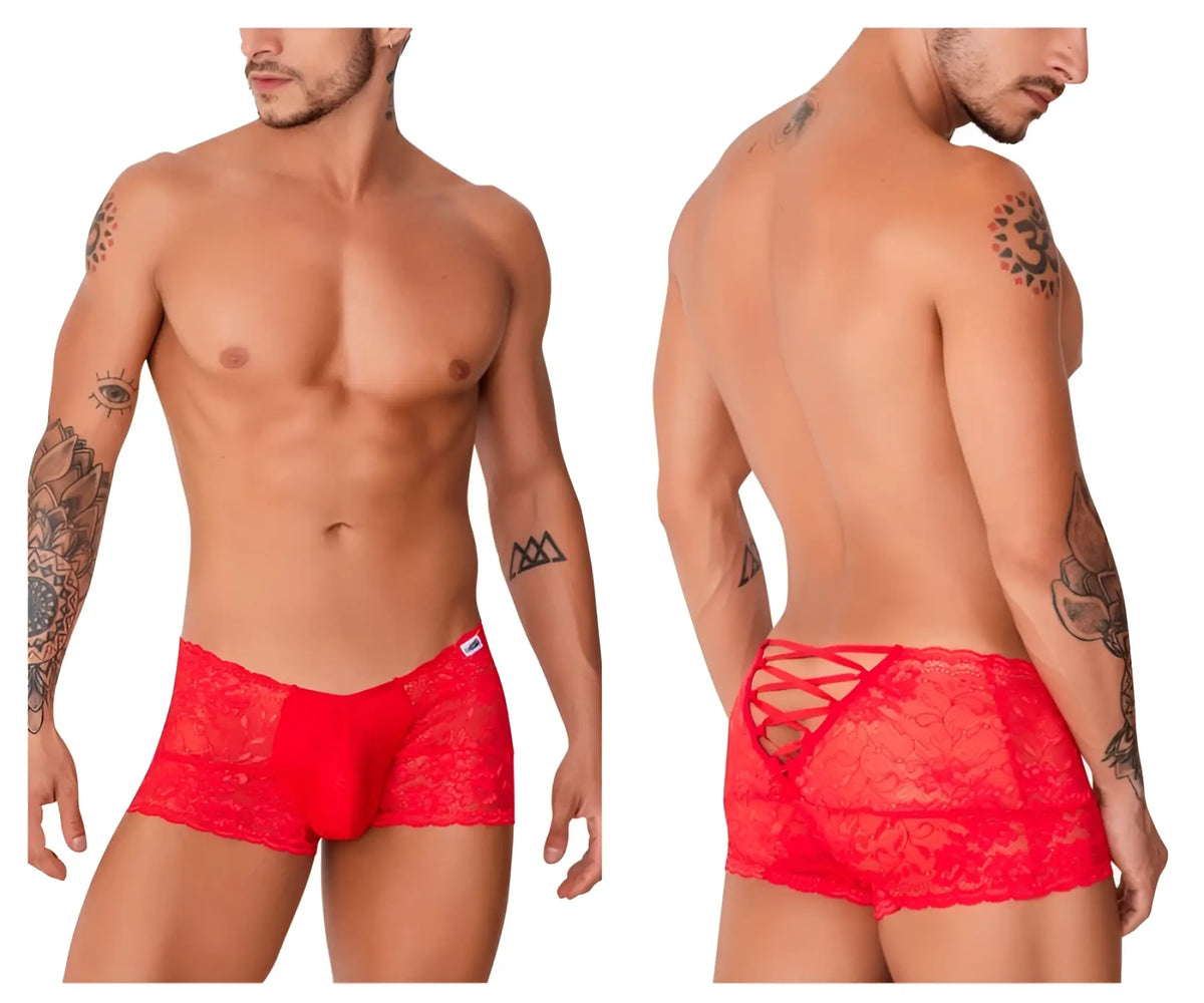 Red lace men’s briefs candyMan 99745 with a decorative back tie design shown from the back side