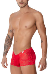 Red lace mens briefs candyman 99745 lace trunks with solid red front panel and floral embroidery waistband