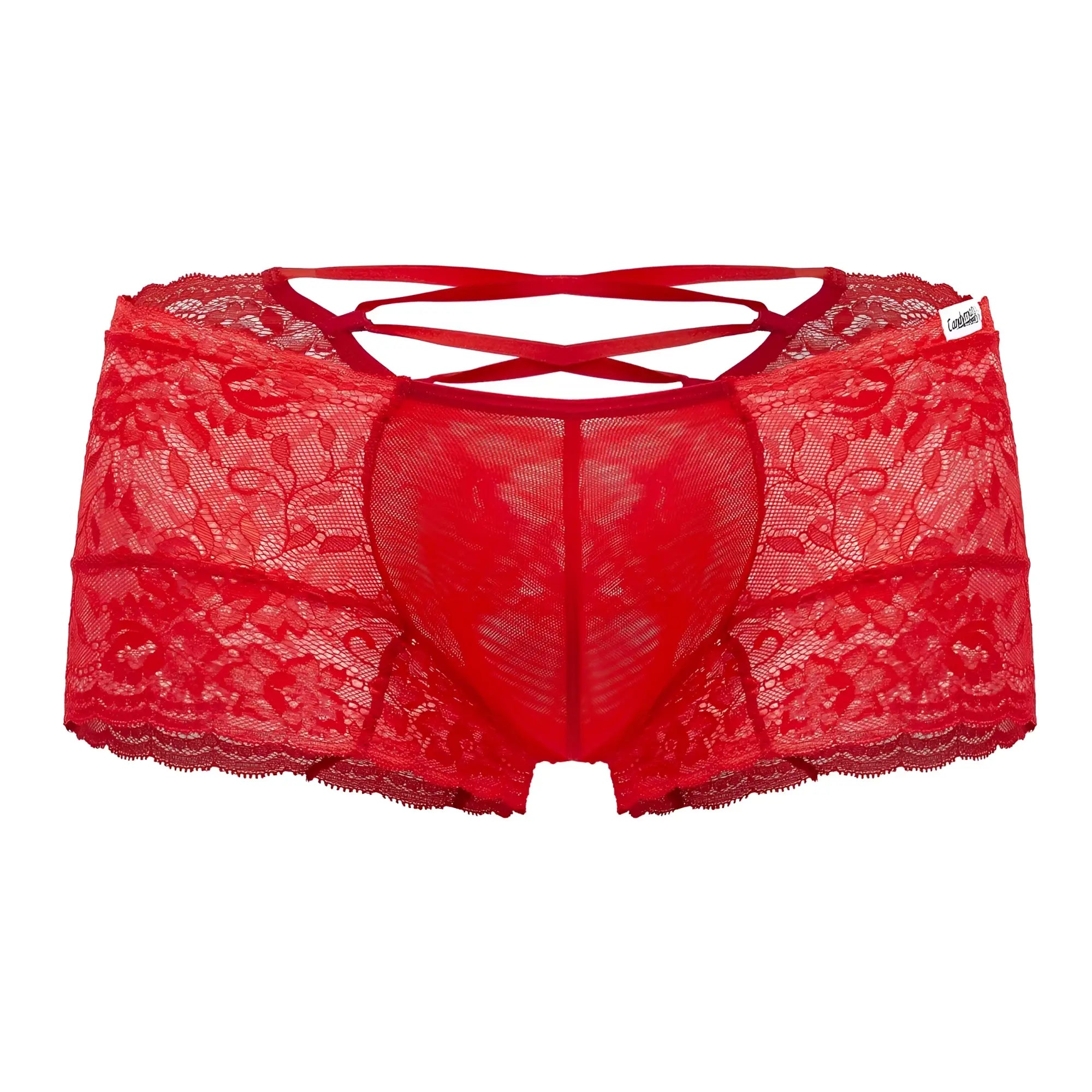 Red lace underwear trunks with crisscross back strap design candy man 99745 in vibrant red color