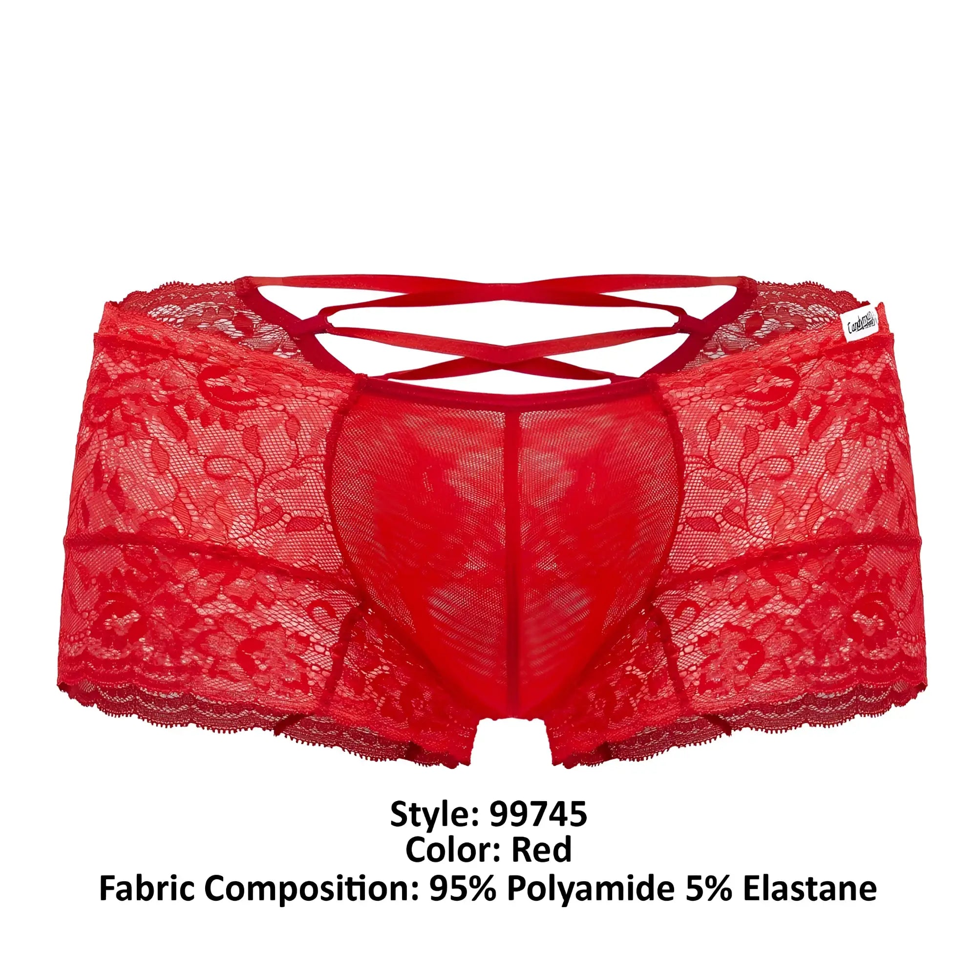 Candyman 99745 lace trunks in red featuring crisscross straps and scalloped edges in lace fabric