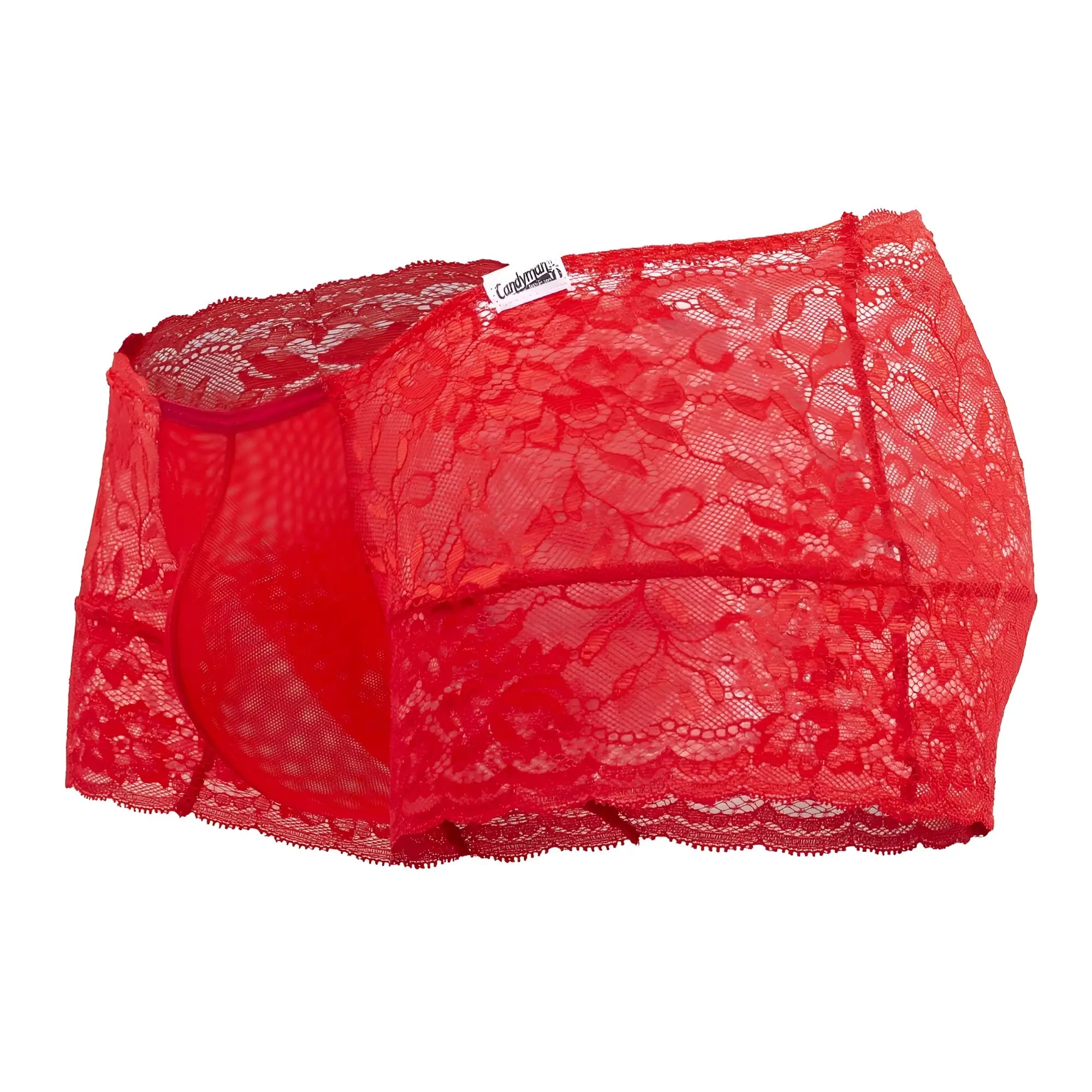 Candyman 99745 lace trunks in red featuring floral lace pattern and elastic waistband for comfortable fit