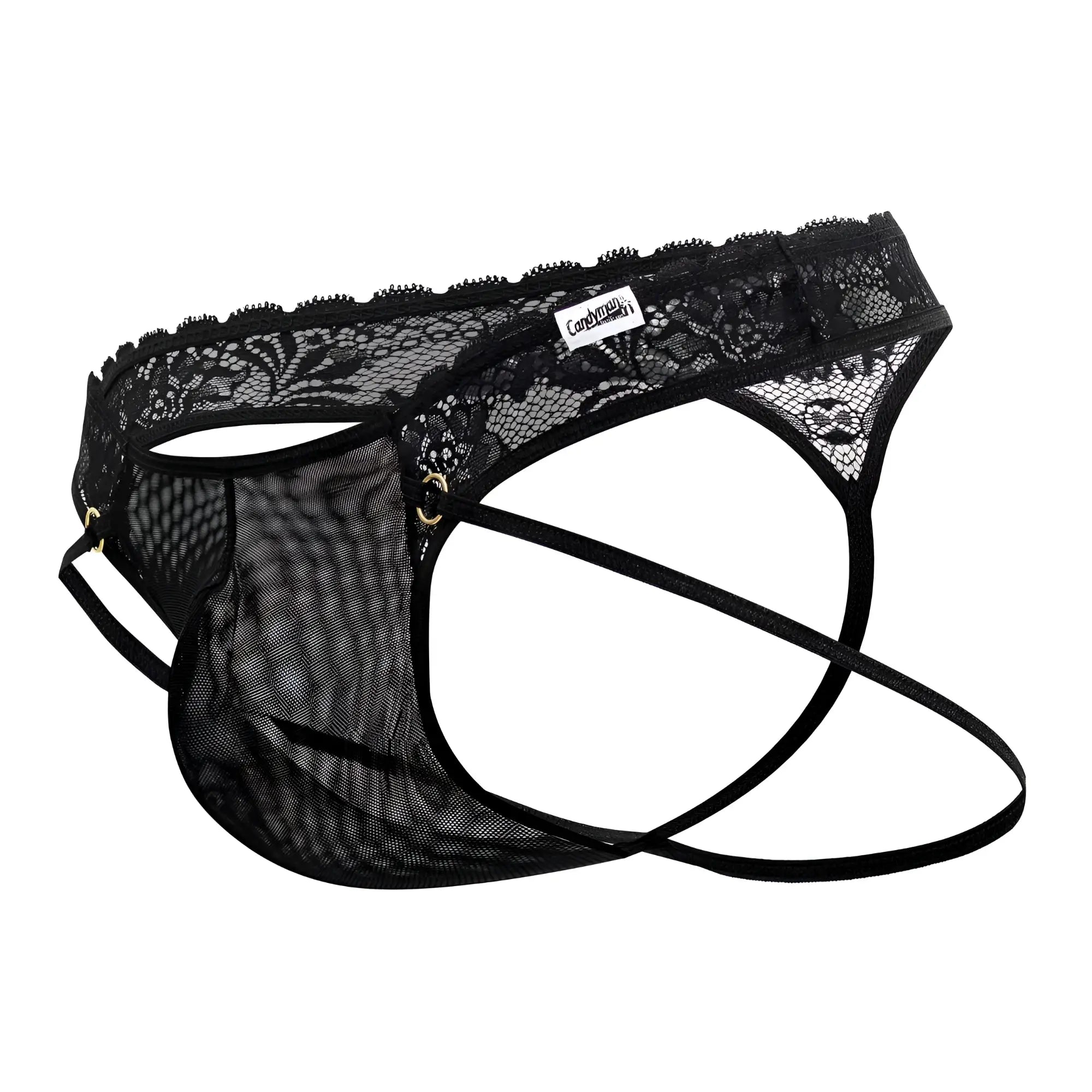 Black lace and mesh men’s thong underwear with branded tag candy man 99747 in black shown from the back