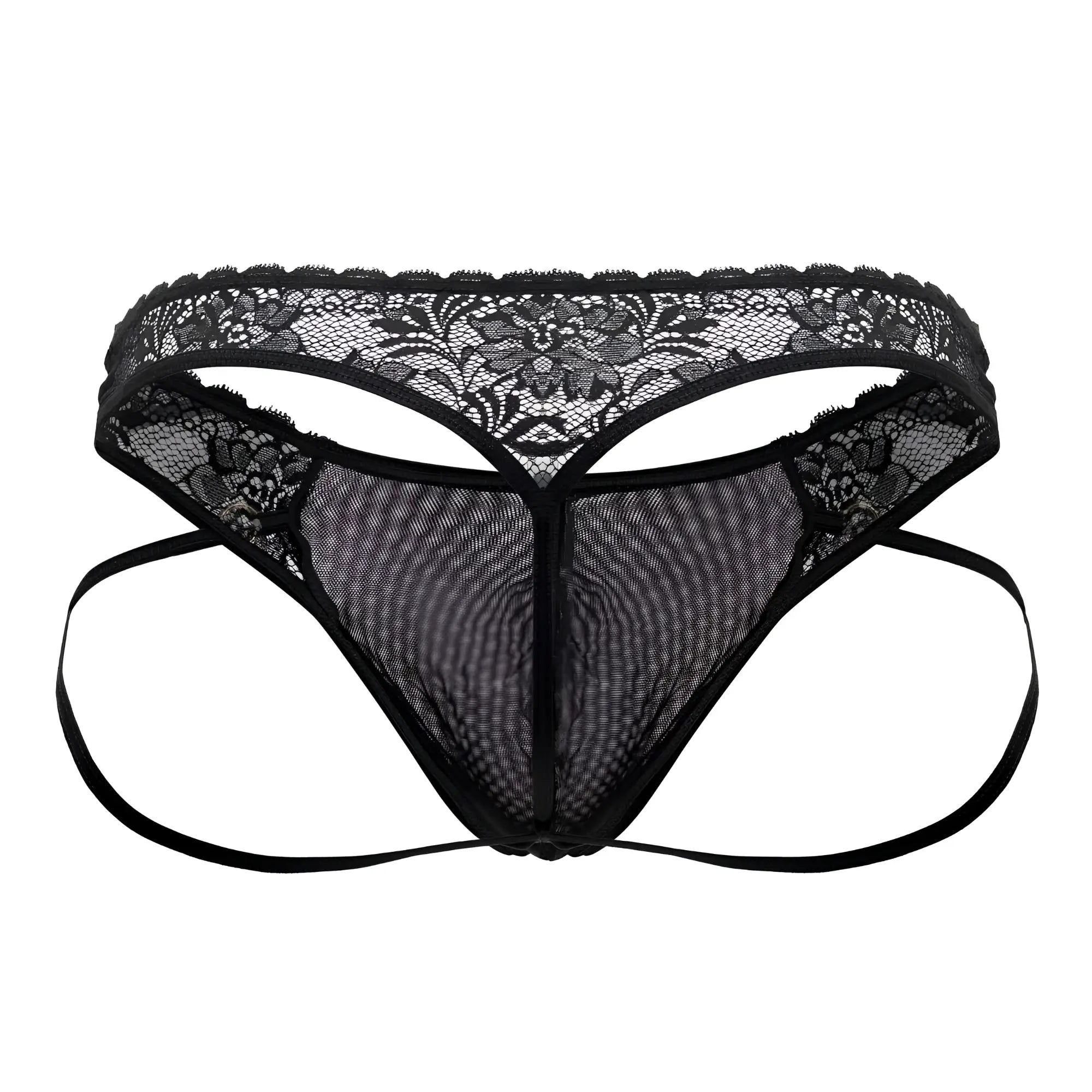 Black lace thong with floral pattern and mesh fabric from candyman 99747 in black, showing front view