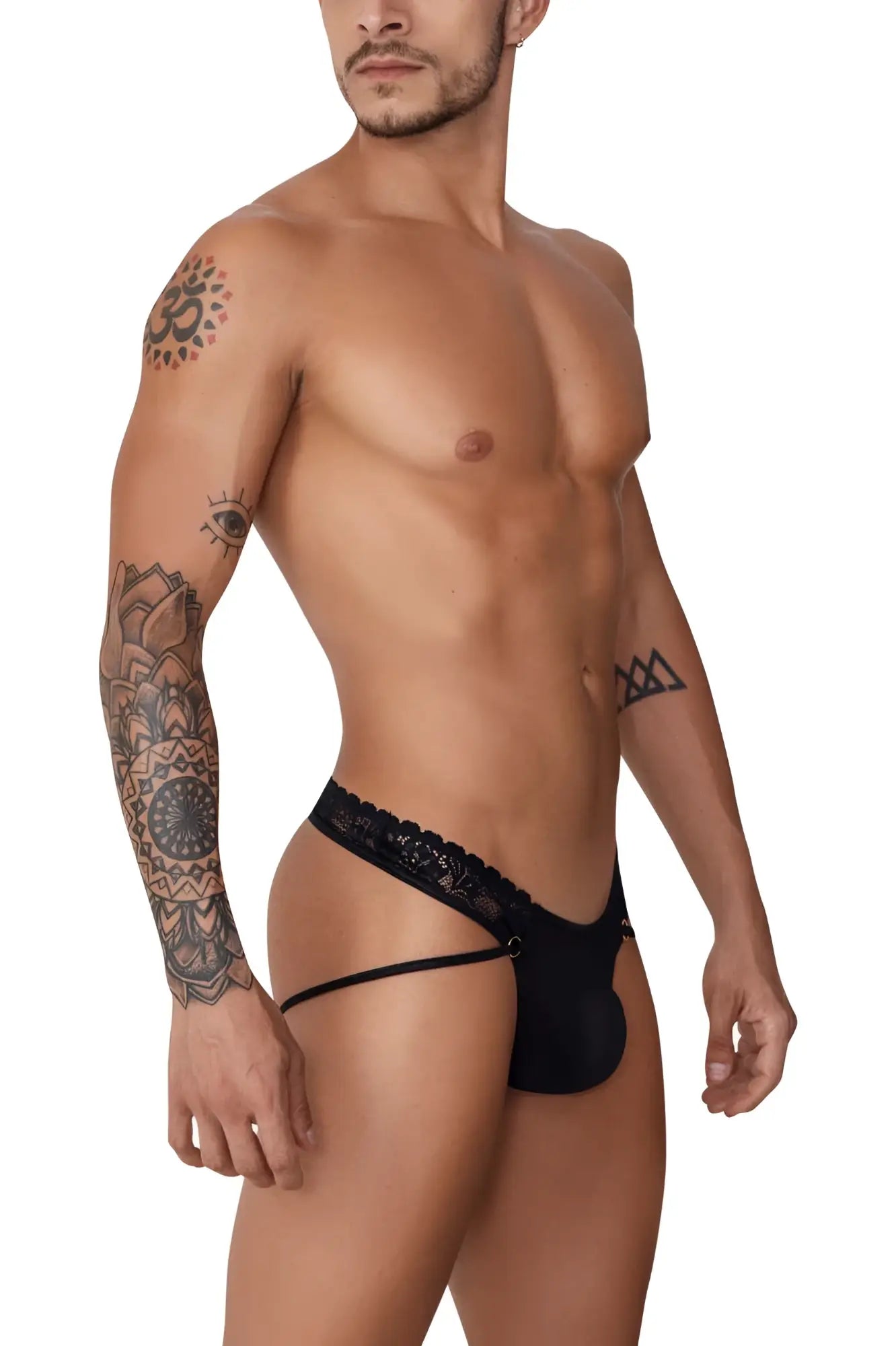 Black lace-trimmed CandyMan 99747 men’s thong with sleek form-fitting design in classic black color
