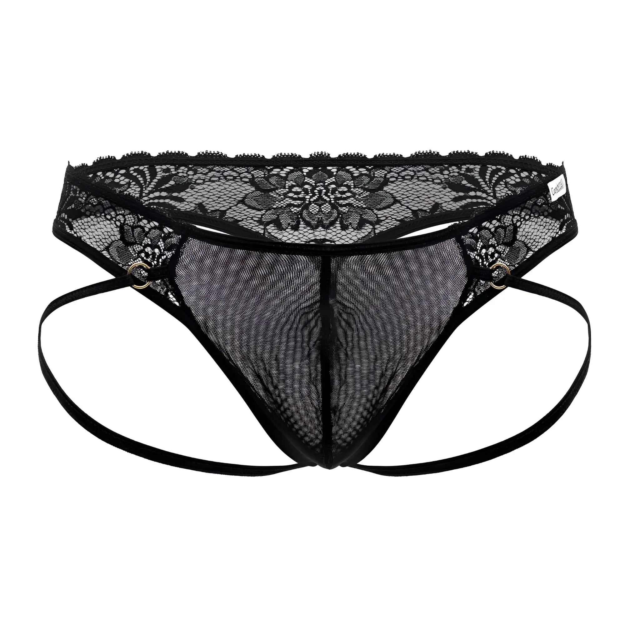 CandyMan 99747 black lace thong with mesh fabric, adjustable straps, and metallic grommets for a stylish fit