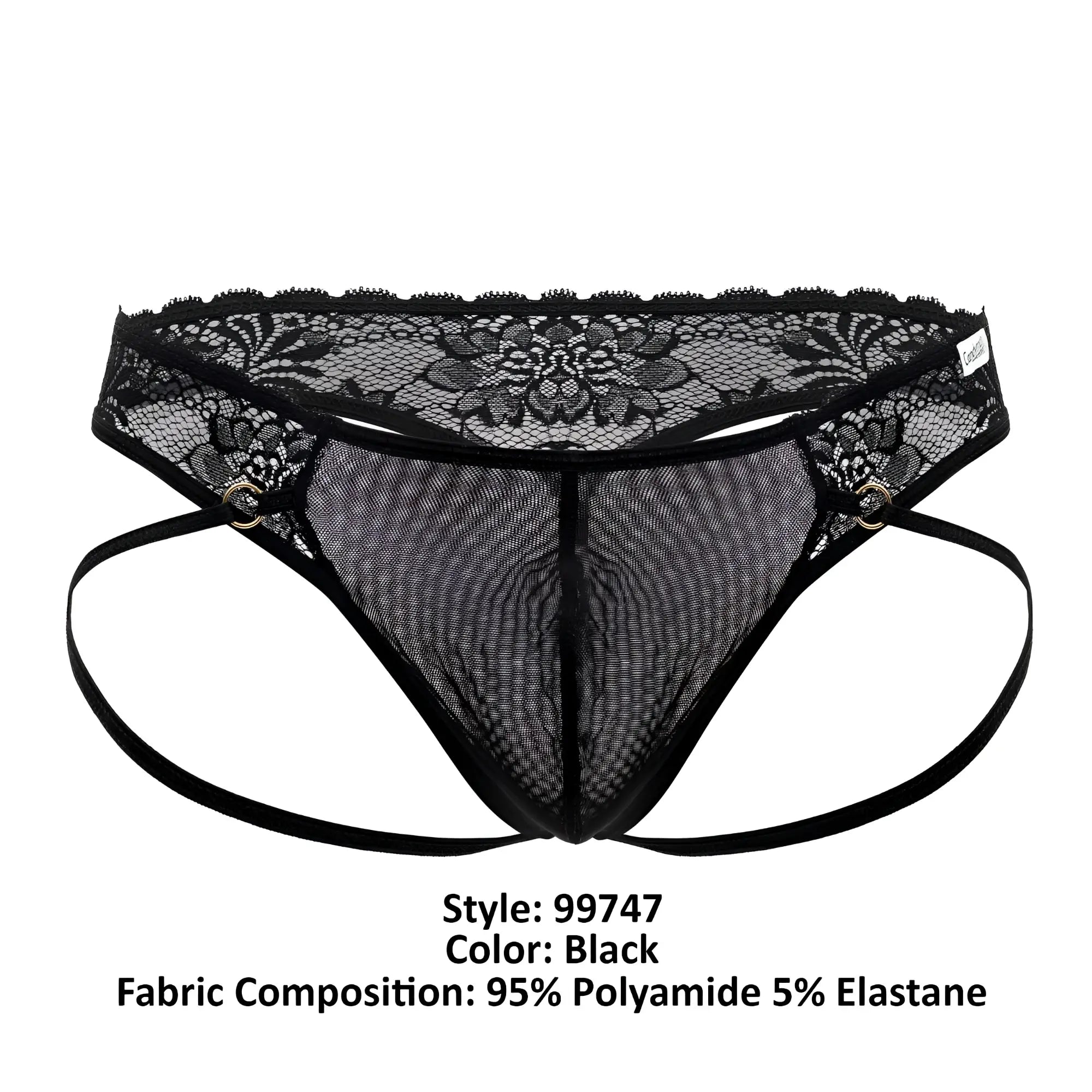 Black CandyMan 99747 lace thong with lace-trimmed mesh, adjustable side straps, and central seam