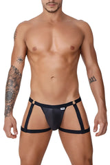Black leather-like CandyMan 99749 garter jockstrap with four side straps and small white brand tag on the front